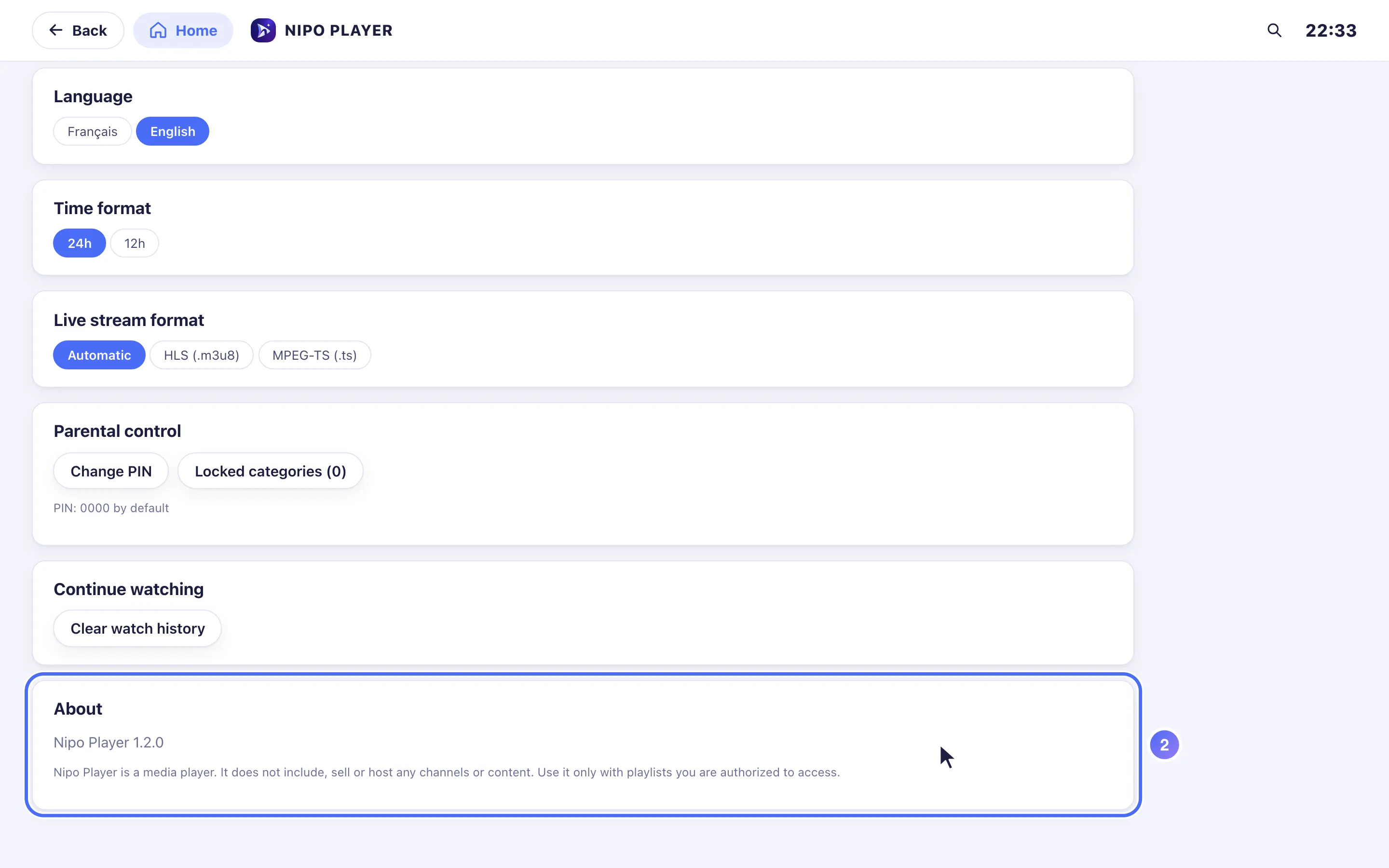 Settings, About group with the version number