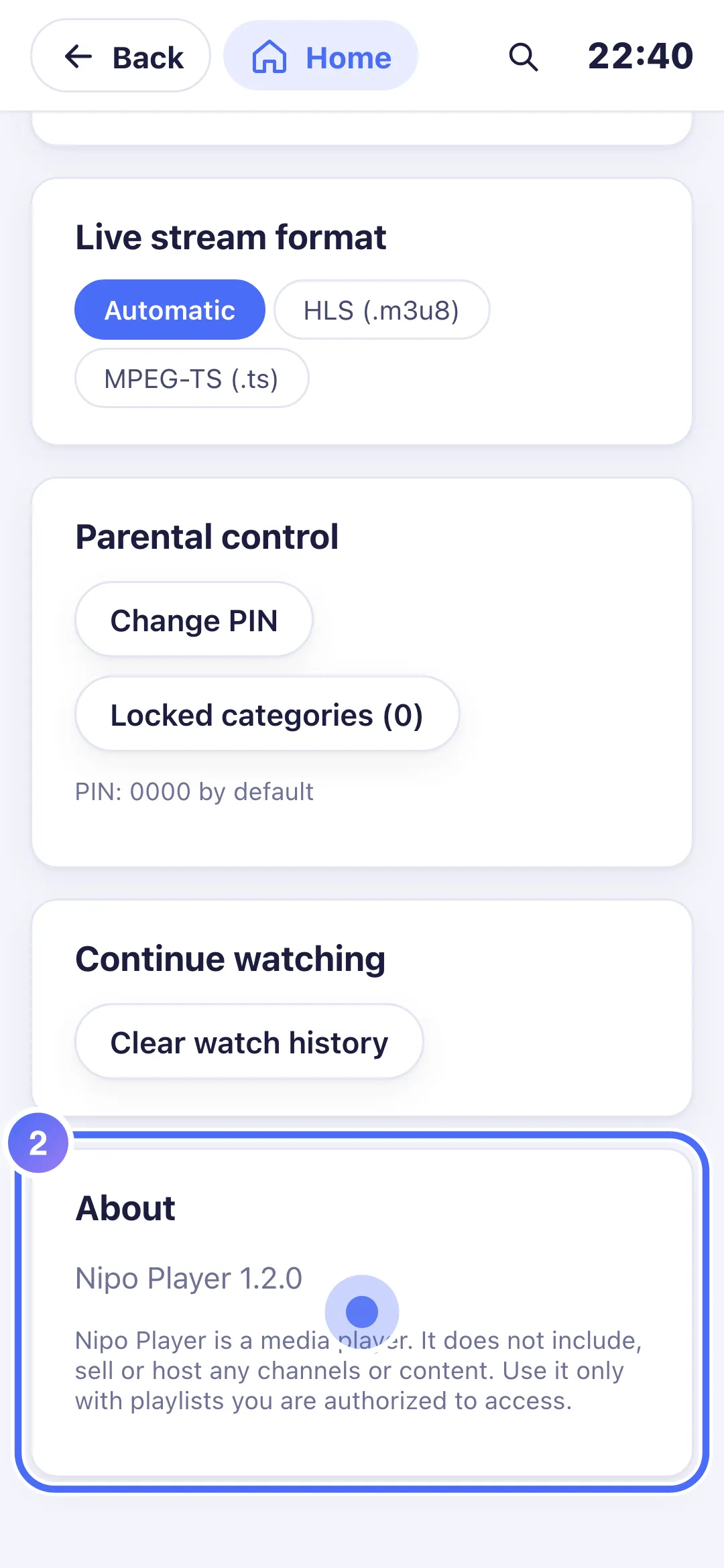 Settings, About group with the version number
