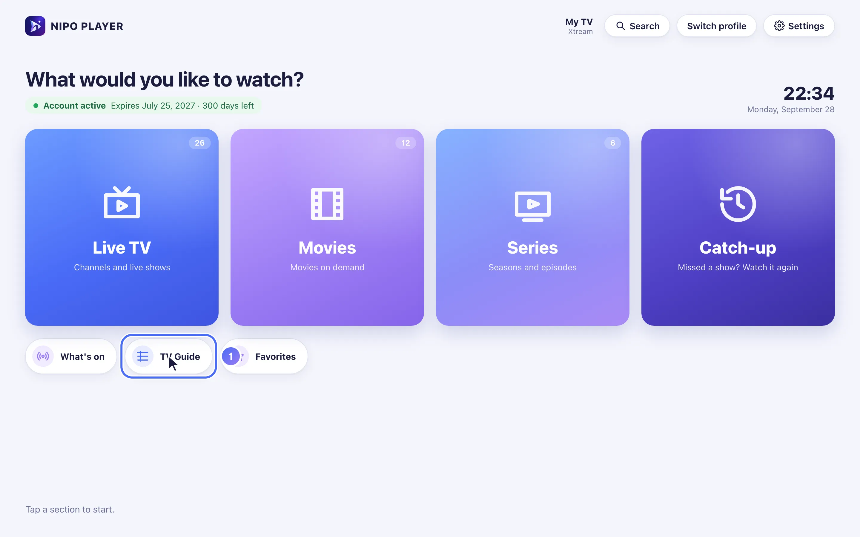 Nipo Player Home with the TV Guide shortcut