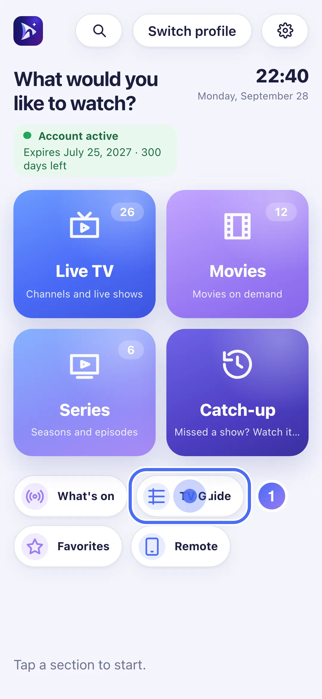 Nipo Player Home with the TV Guide shortcut