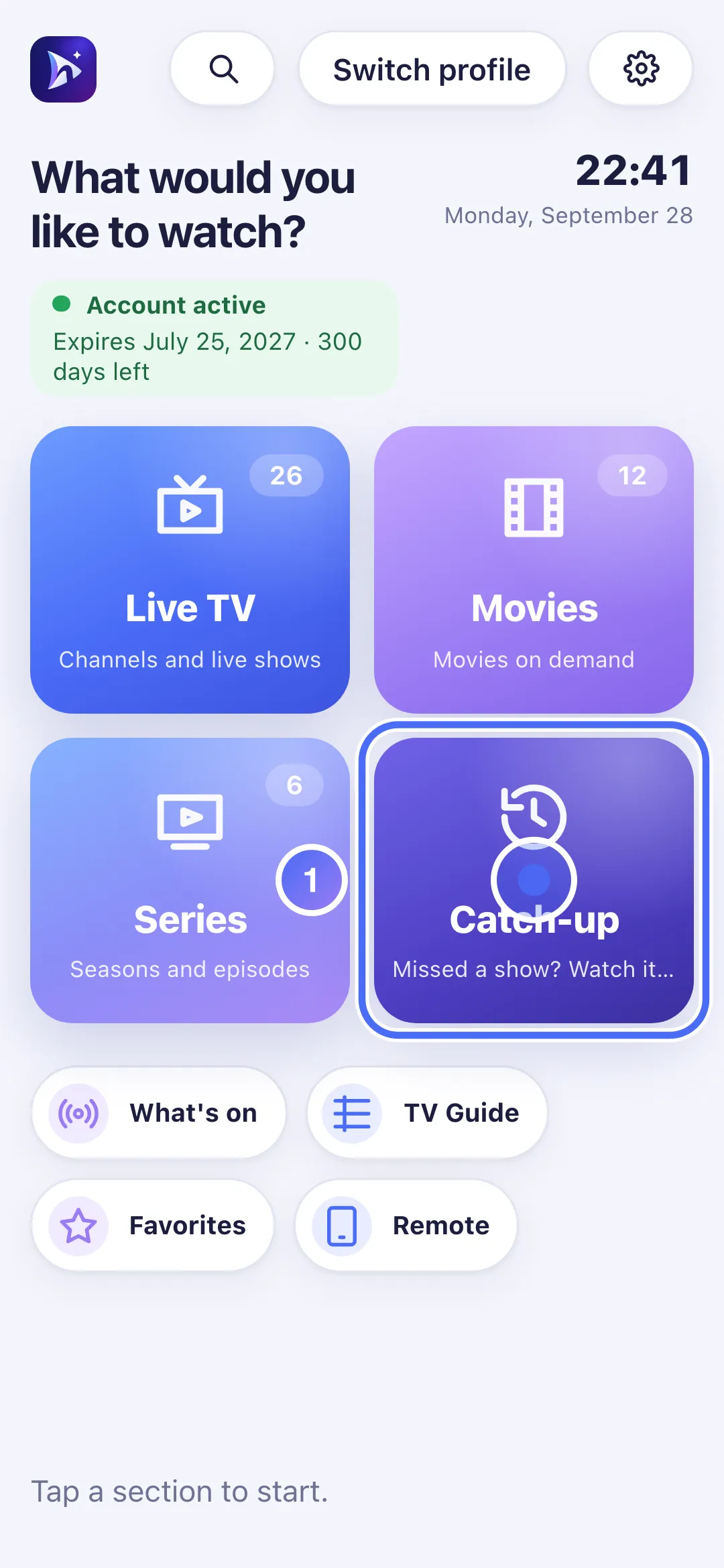 Nipo Player Home with the Catch-up tile