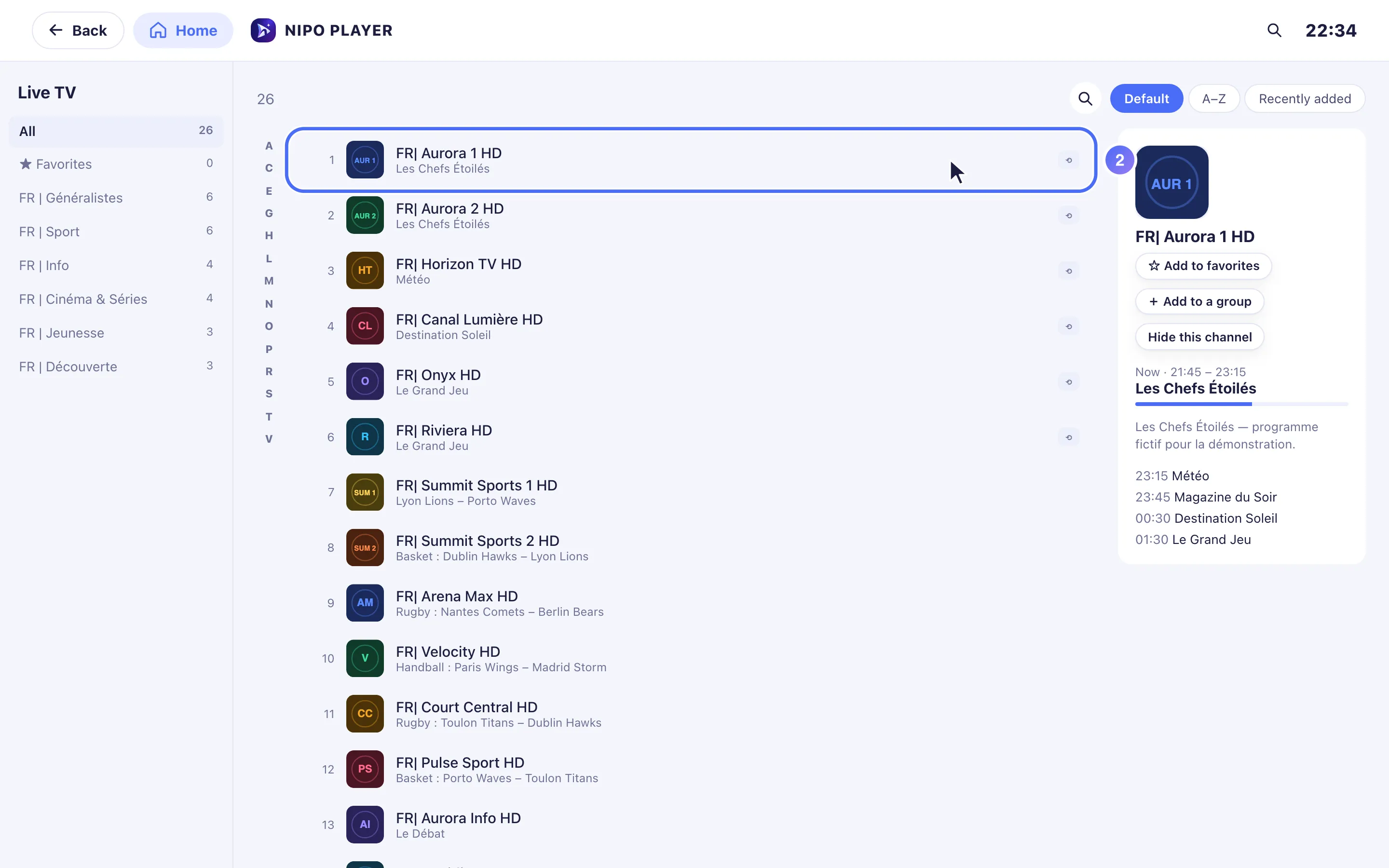 The list of live channels