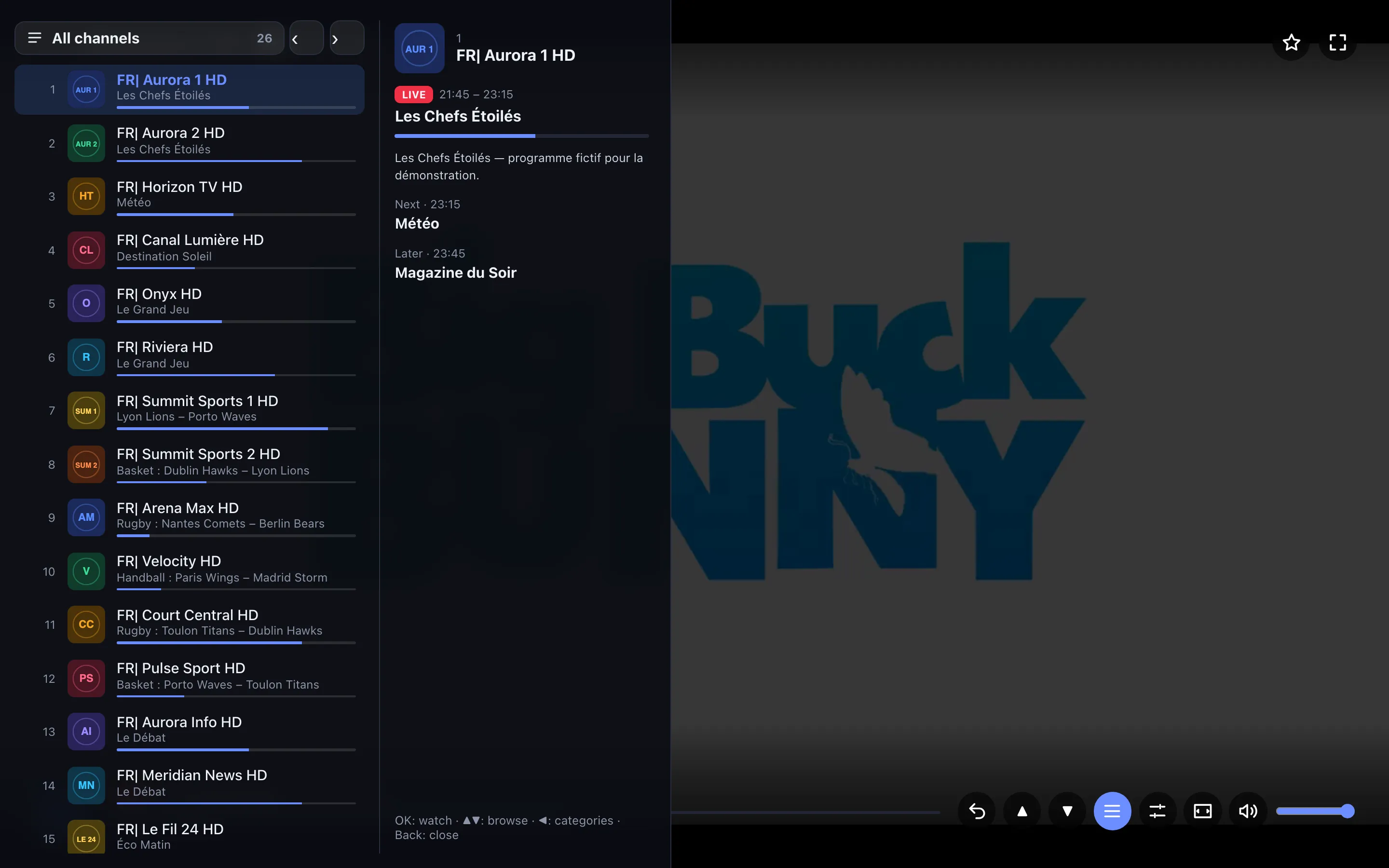 The channel list open over the player