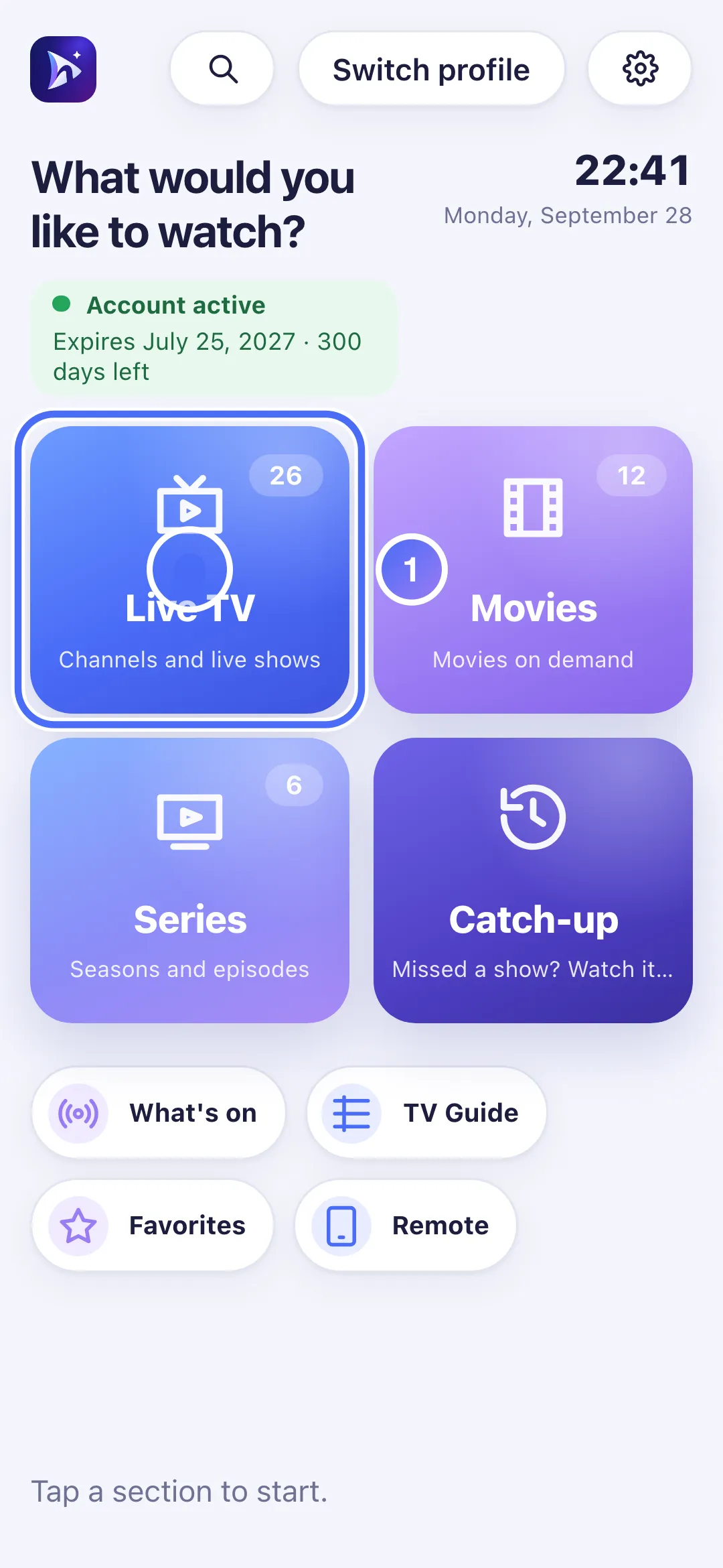 Nipo Player Home with the Live TV tile