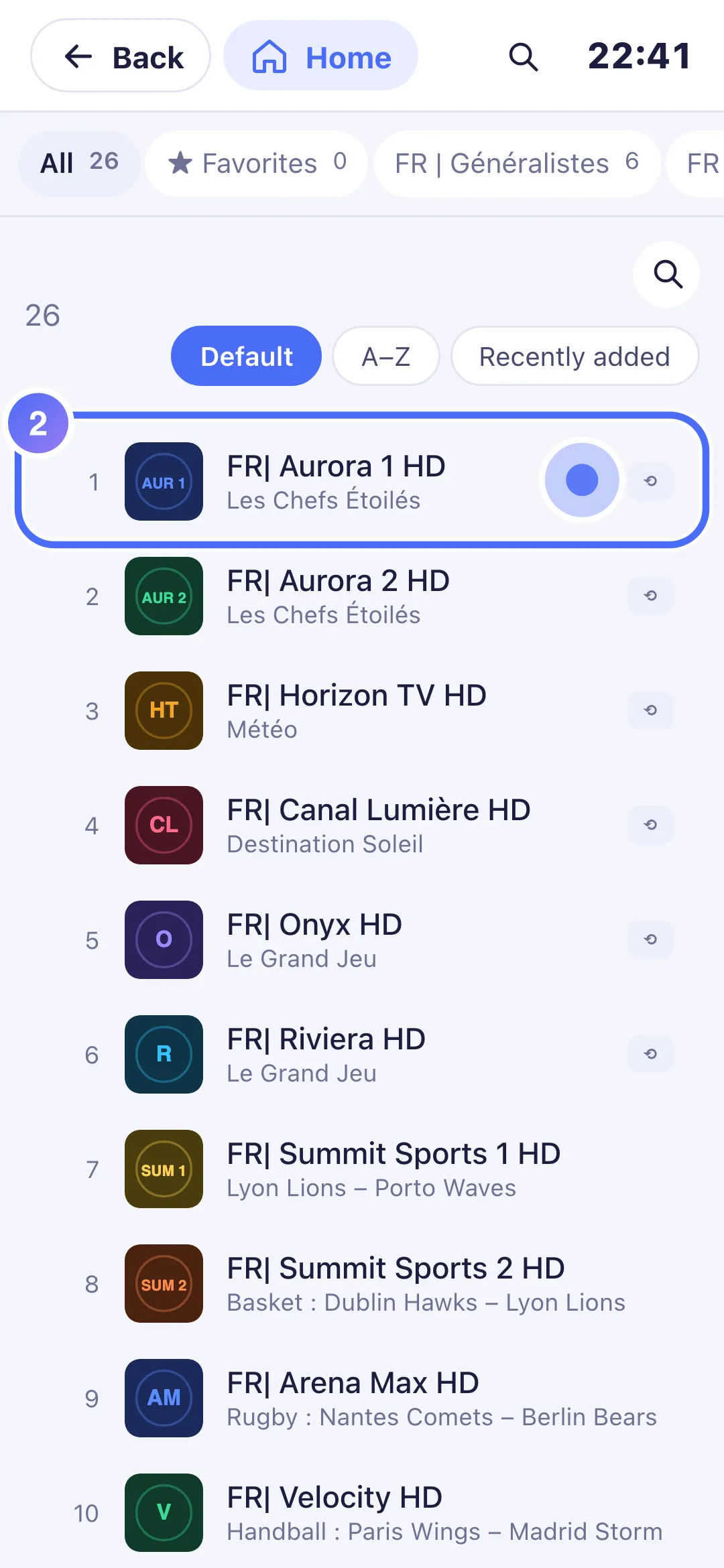 The list of live channels