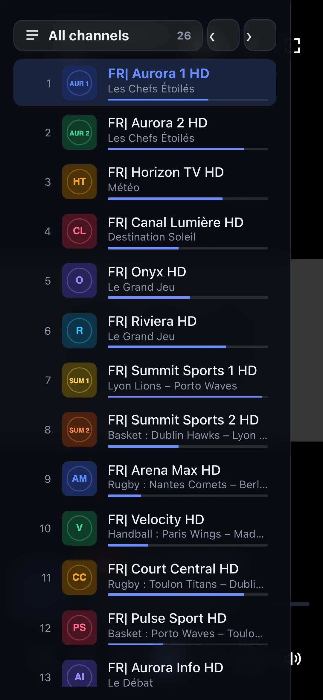 The channel list open over the player
