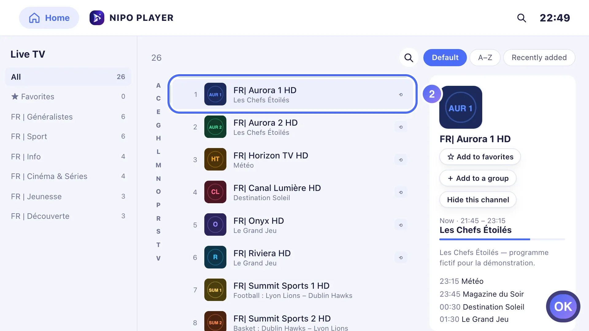 Channel list, the first channel is selected