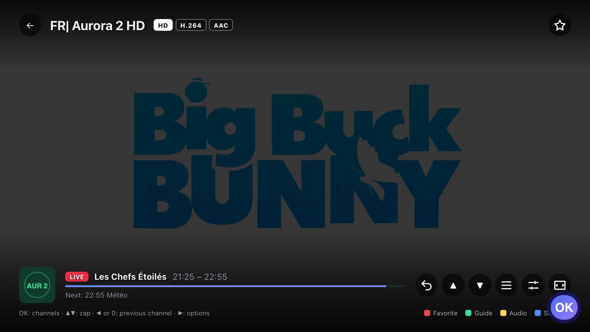 Live playback, the channel name banner is visible