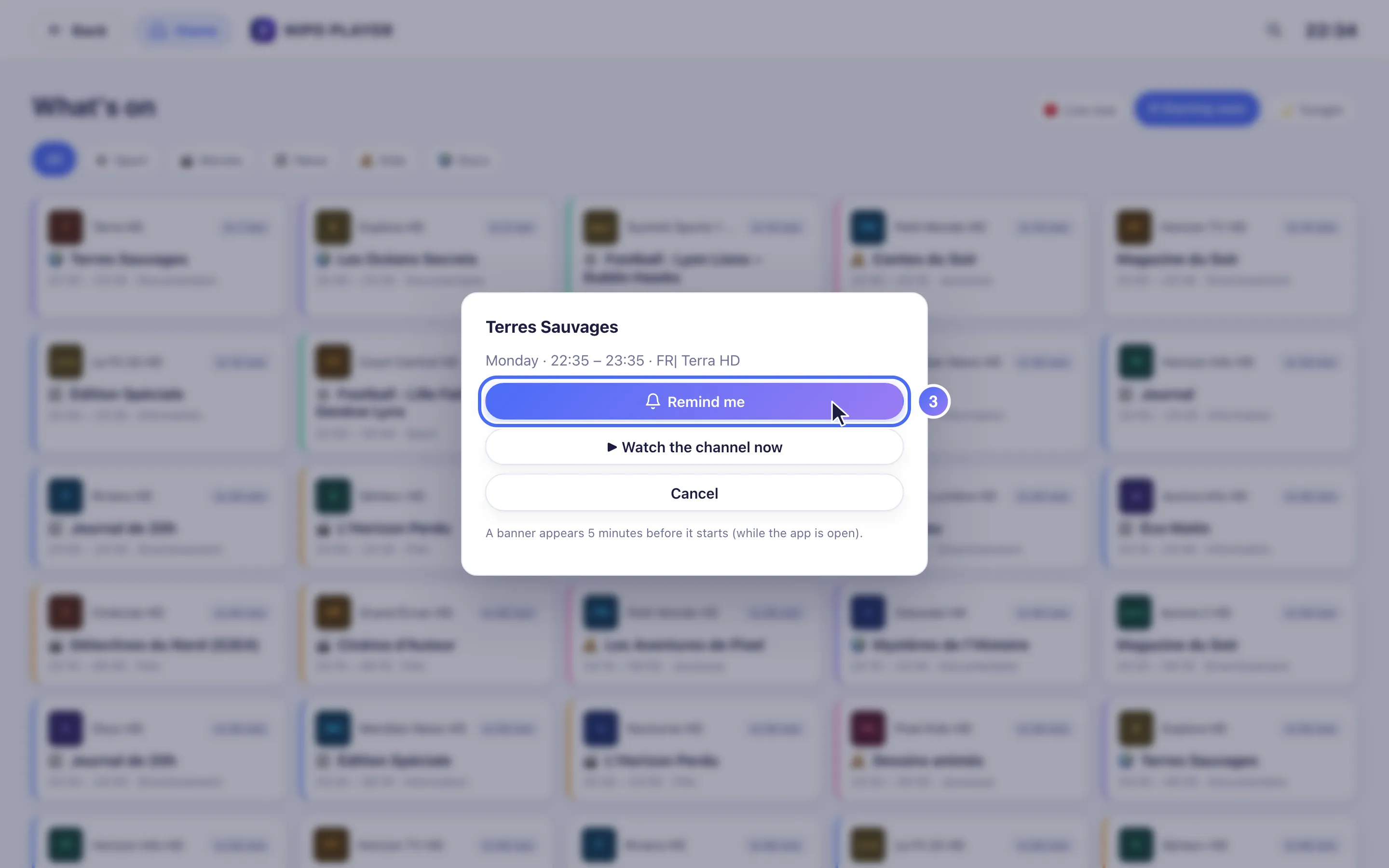 A programme’s sheet with the Remind me button