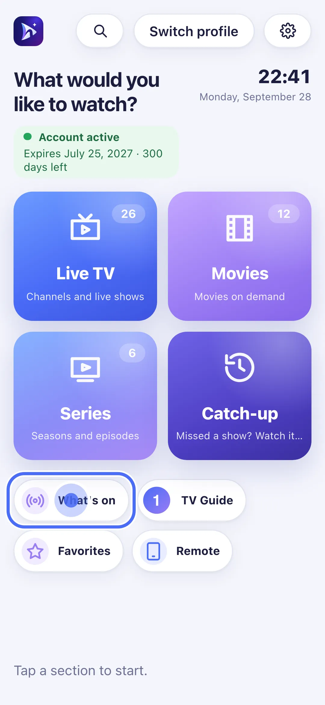 Nipo Player Home with the What’s on shortcut