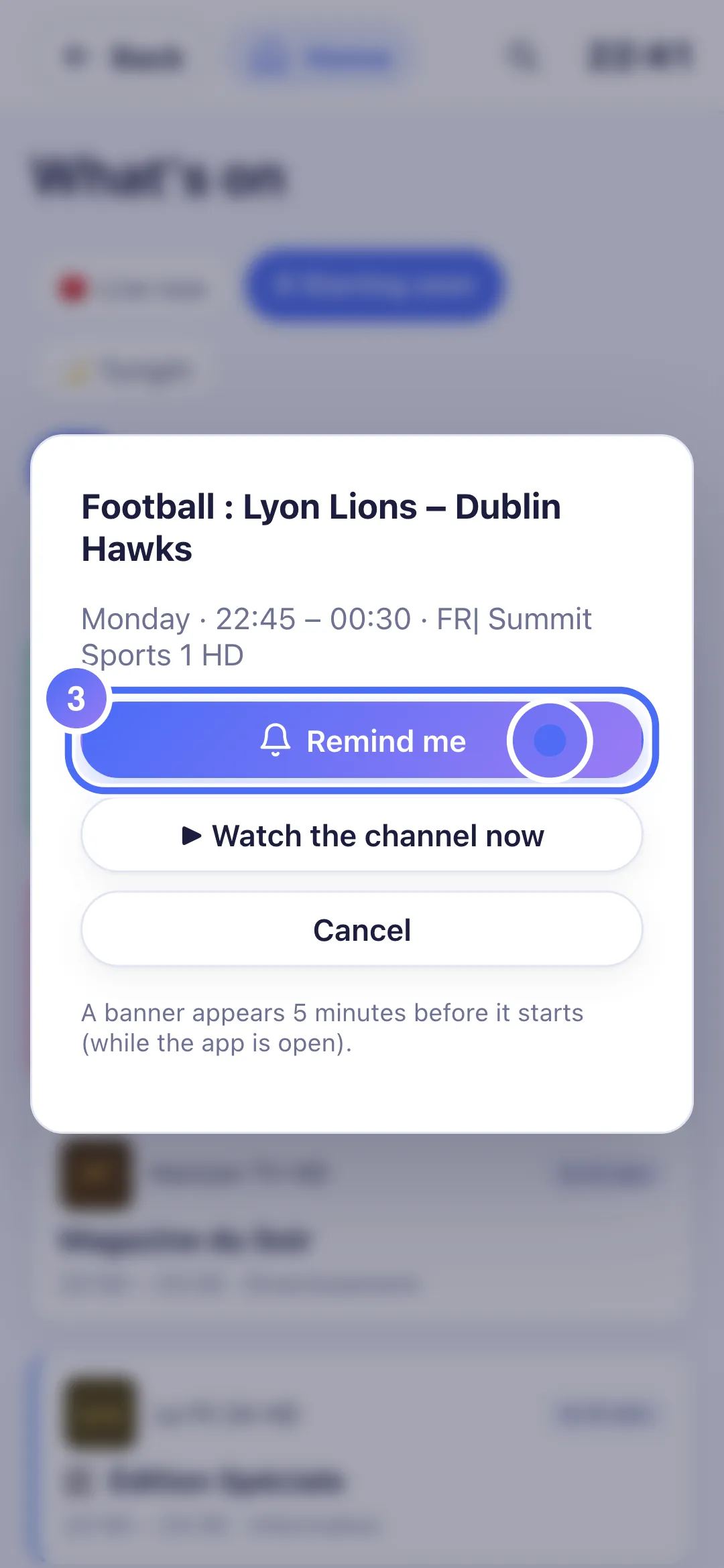 A programme’s sheet with the Remind me button