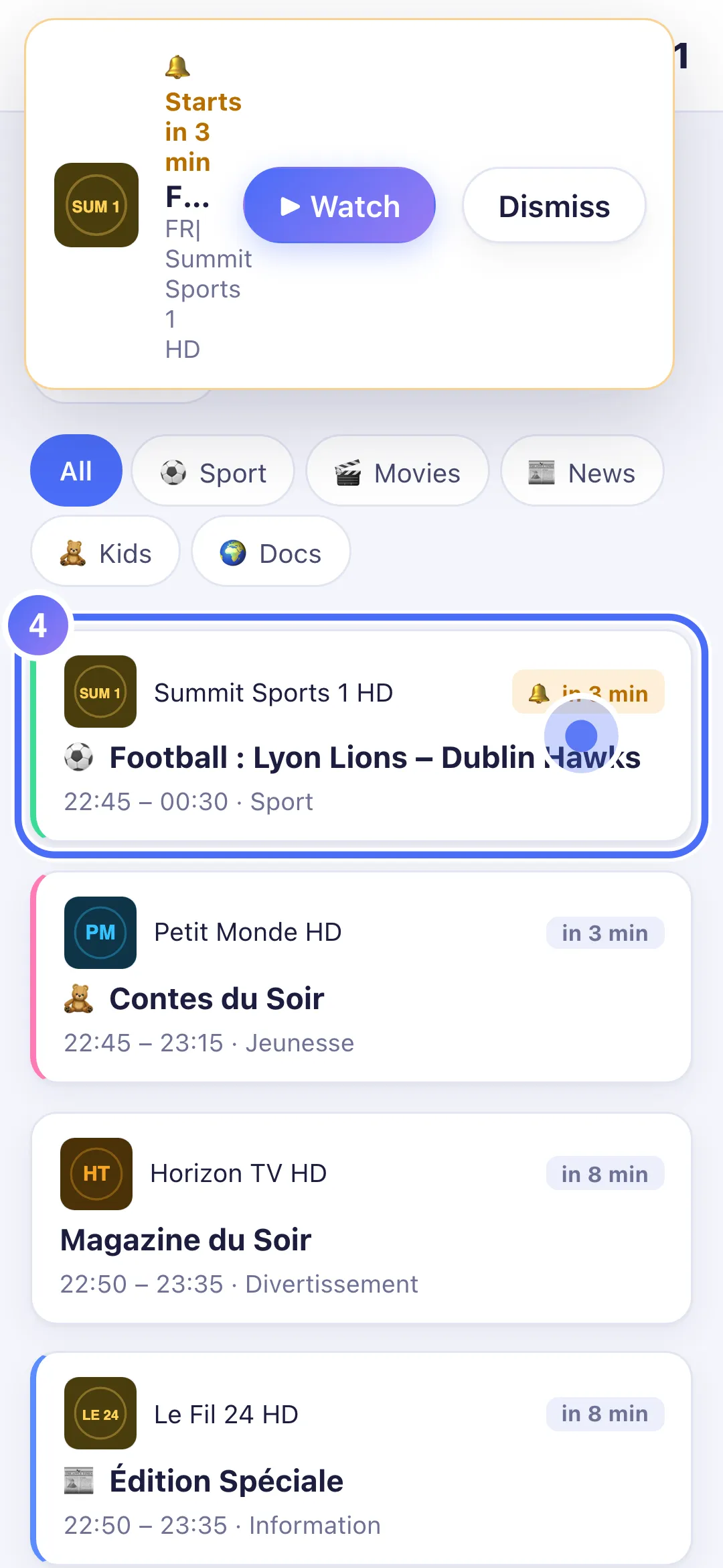 An upcoming programme with the reminder badge active