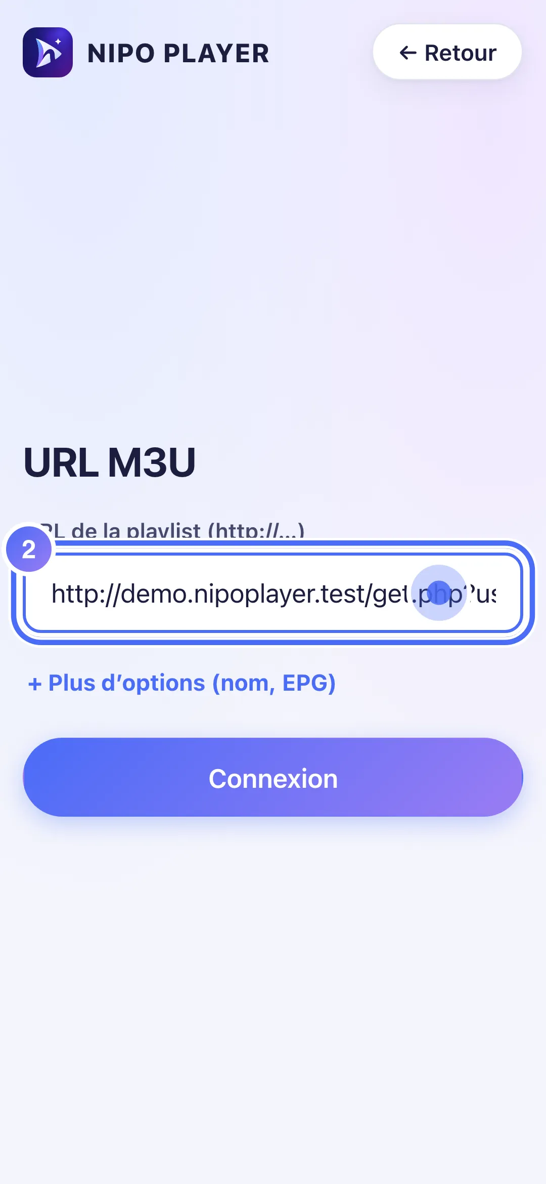 Champ URL de la playlist rempli avec un lien d’exemple