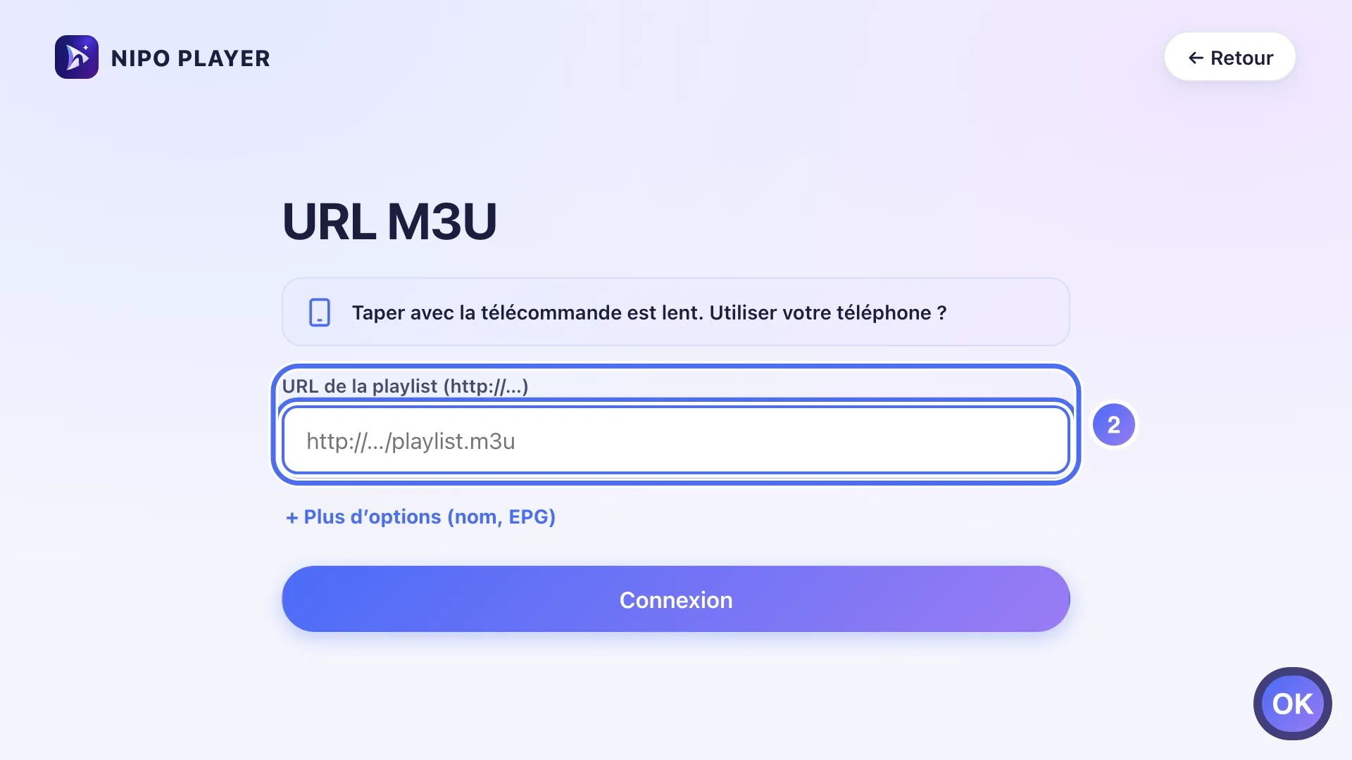 Formulaire URL M3U, le champ Playlist URL est sélectionné