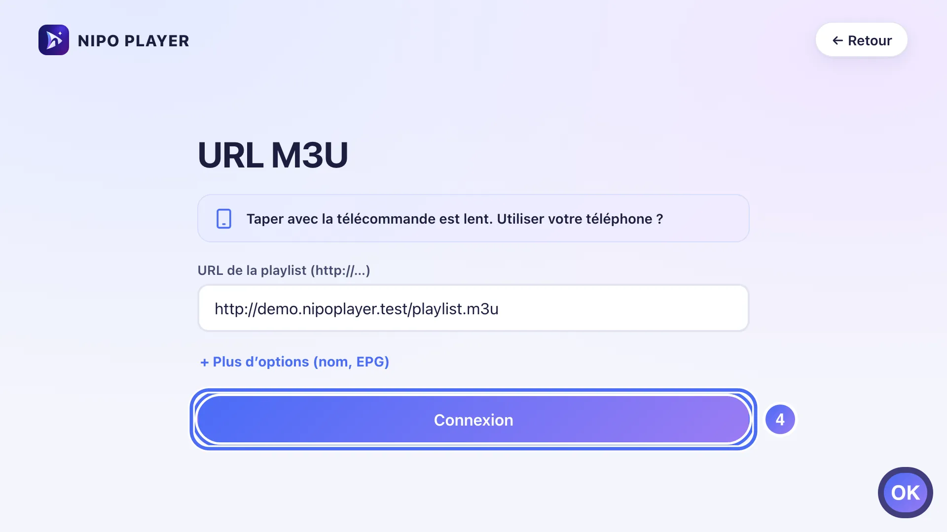 Formulaire URL M3U, le bouton Connexion est sélectionné