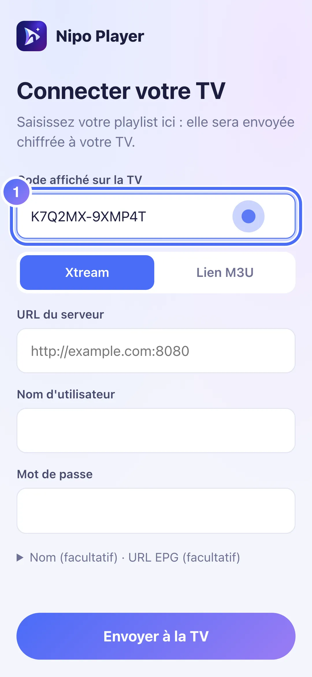 Page « Connecter votre TV » sur le téléphone, avec le code de la TV saisi