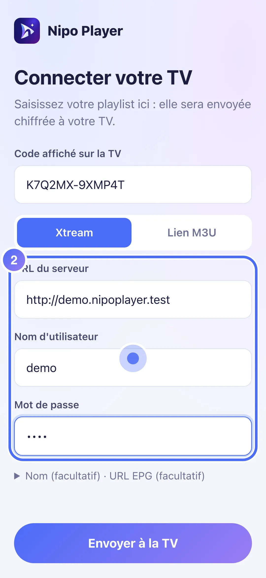 Formulaire Xtream rempli avec des informations d’exemple