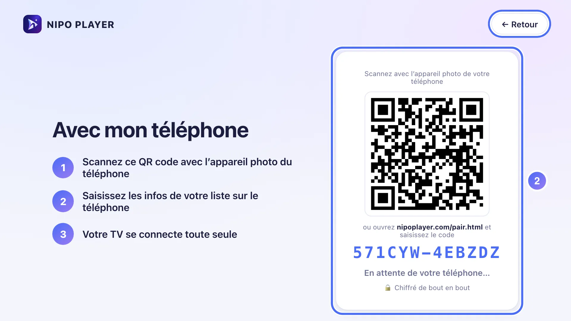 QR code et code à saisir, en attente du téléphone