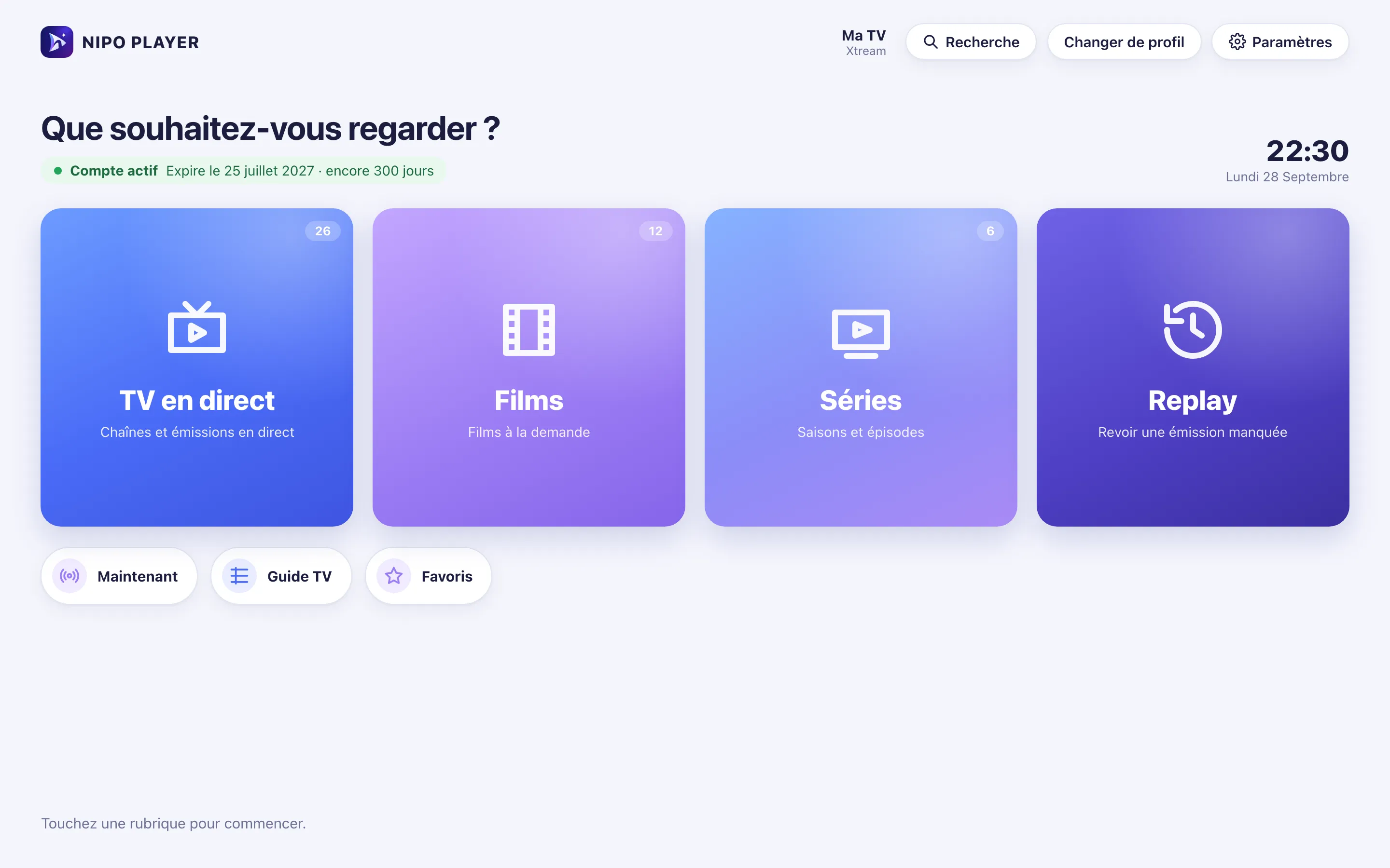 Accueil de Nipo Player après connexion