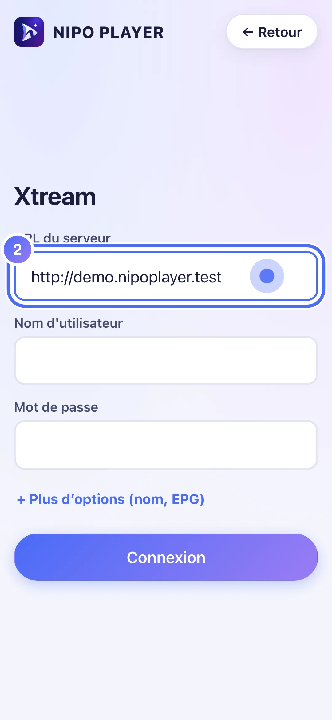 Champ URL du serveur rempli avec une adresse d’exemple