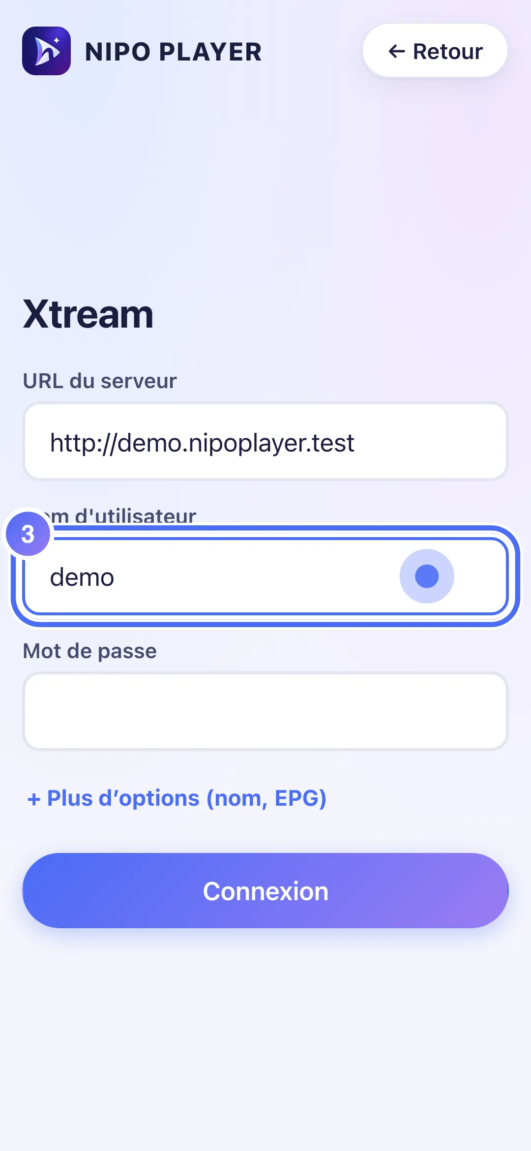 Champ Nom d’utilisateur rempli