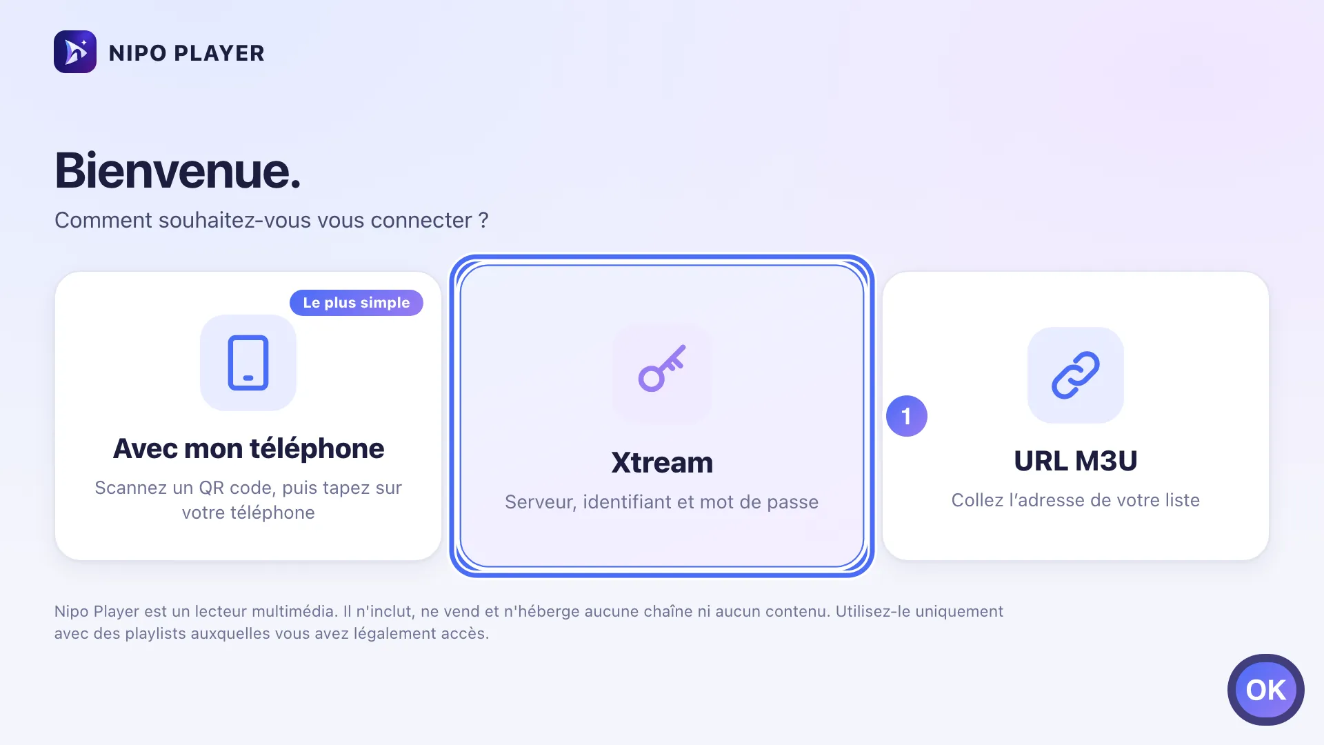 Écran de connexion, la tuile Xtream est sélectionnée