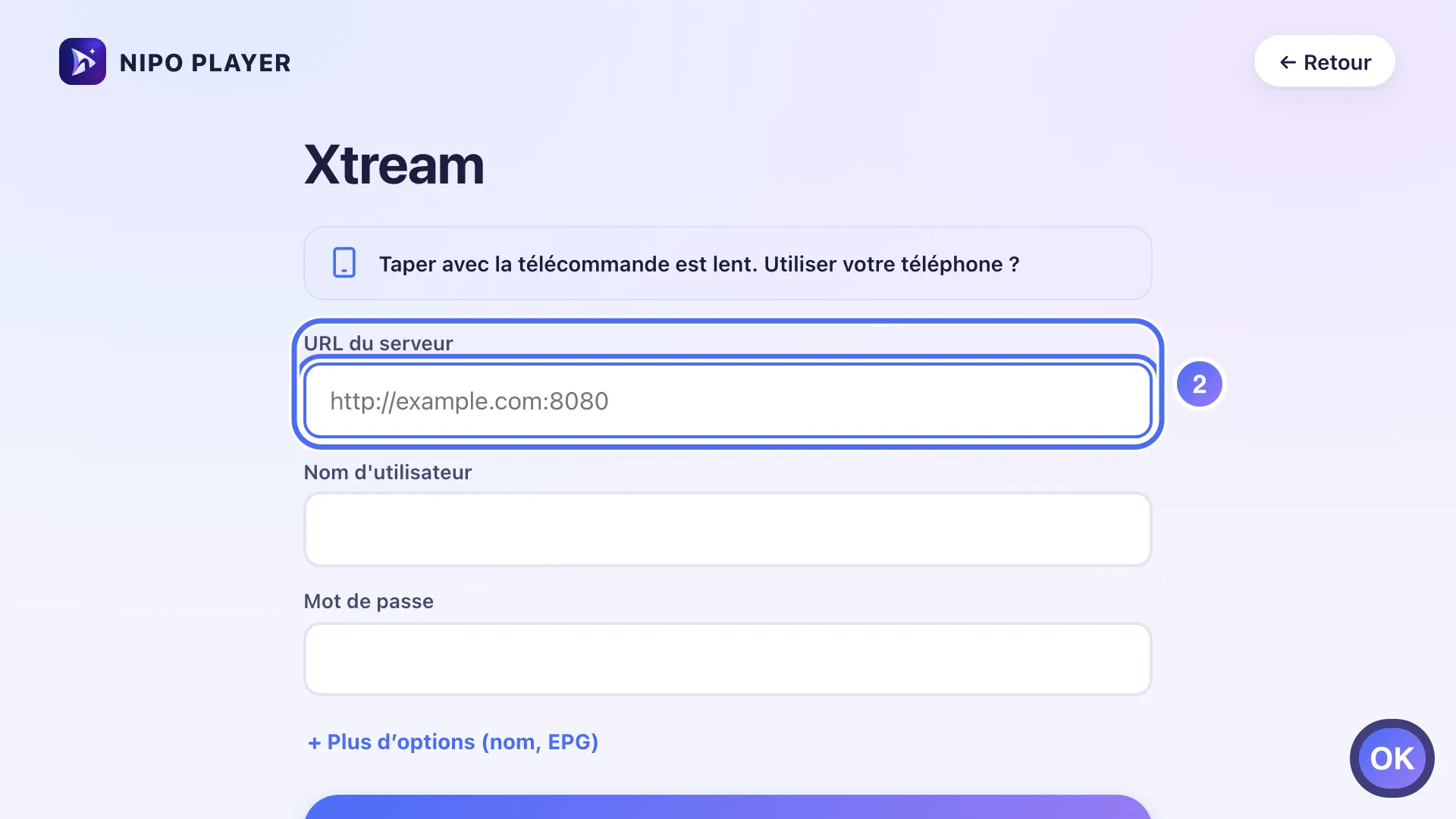 Formulaire de connexion, le champ URL du serveur est sélectionné