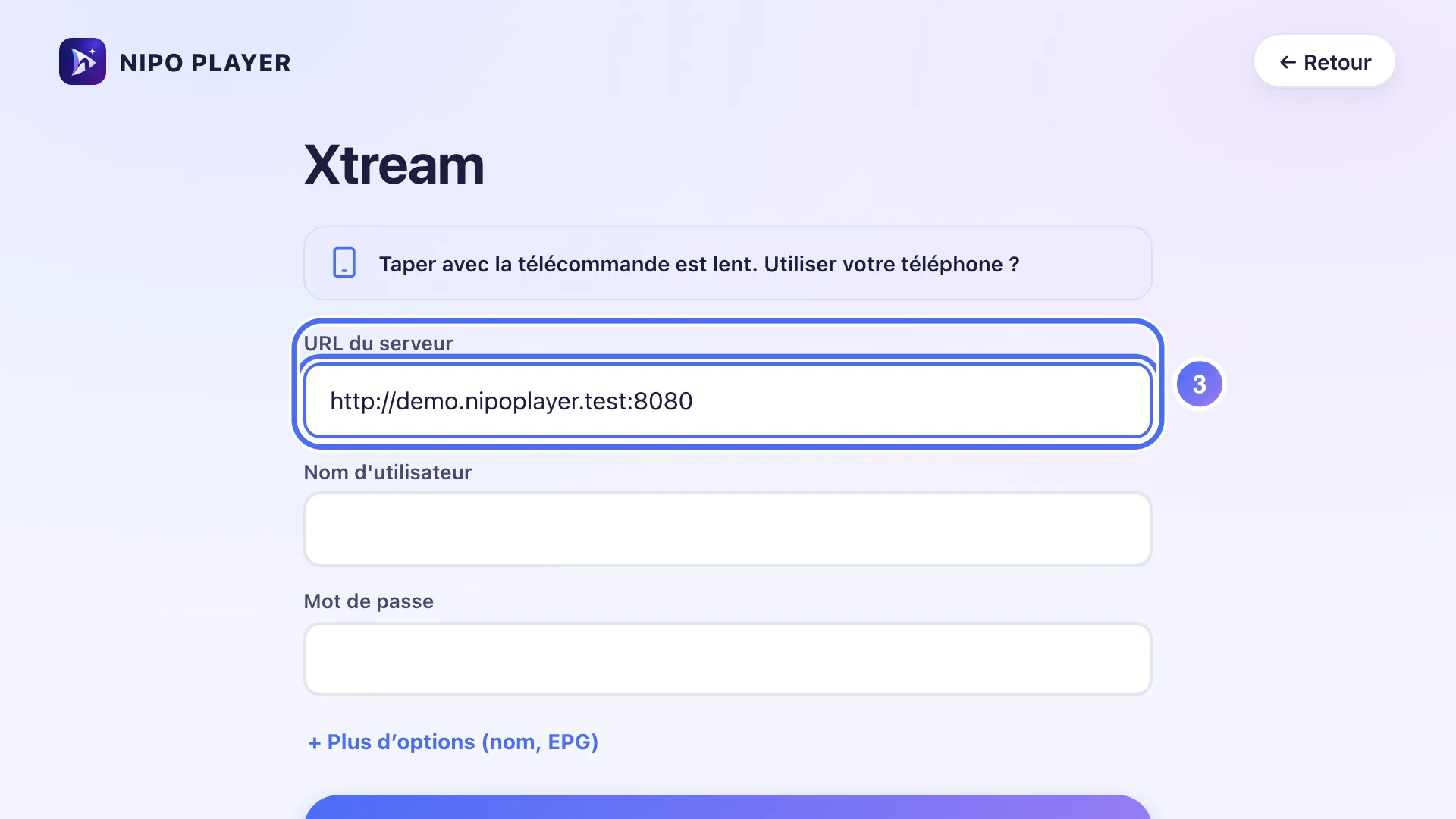 Champ URL du serveur rempli
