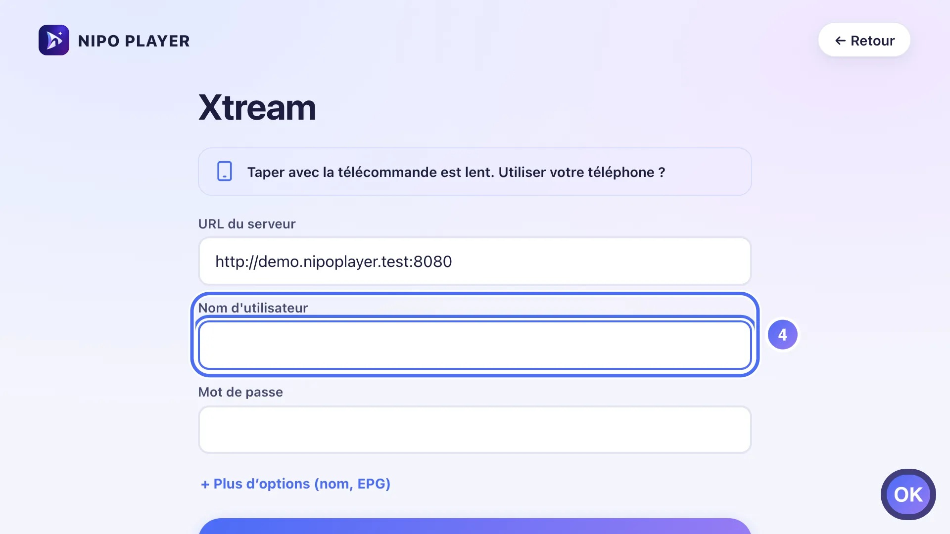 Formulaire de connexion, le champ Nom d’utilisateur est sélectionné