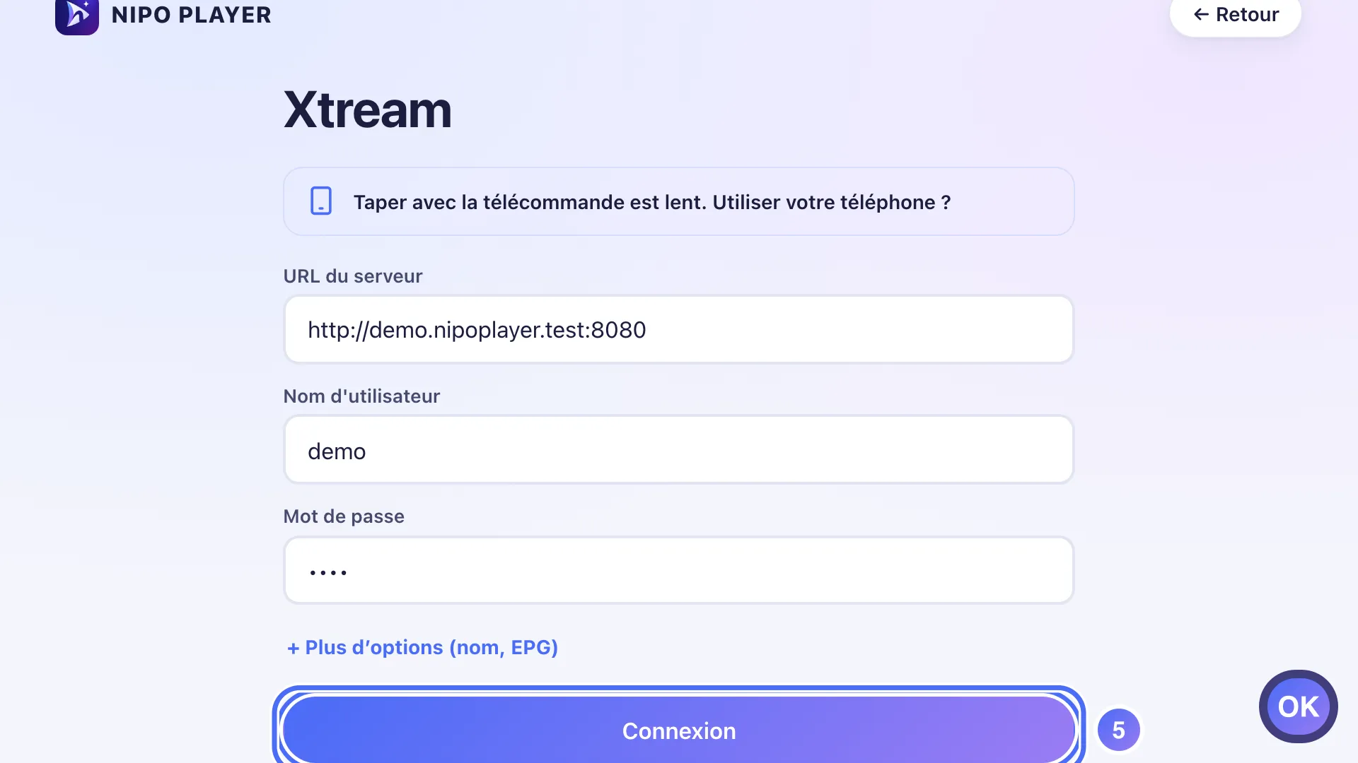 Formulaire de connexion rempli, le bouton Connexion est sélectionné