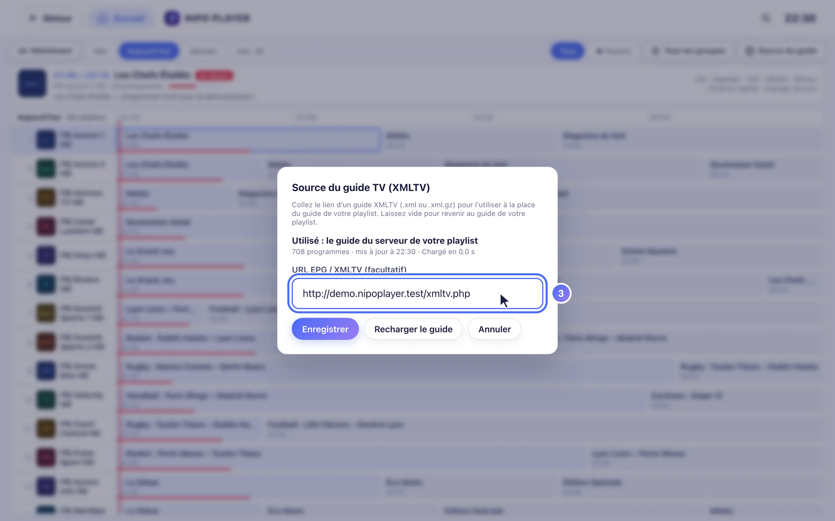 Fenêtre Source du guide TV avec un lien XMLTV saisi