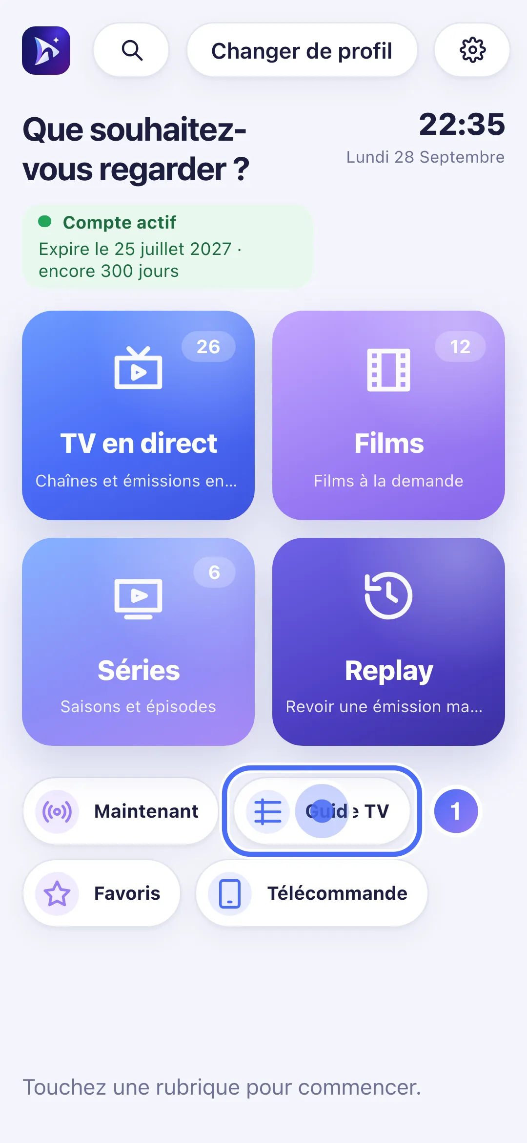 Accueil de Nipo Player avec le raccourci Guide TV