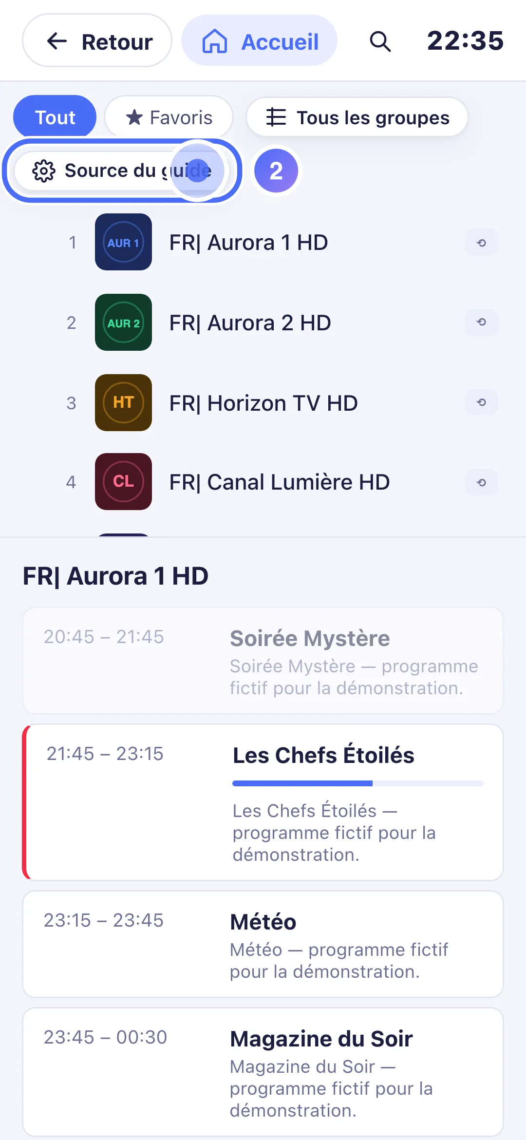Guide TV sur téléphone, bouton Source du guide en haut