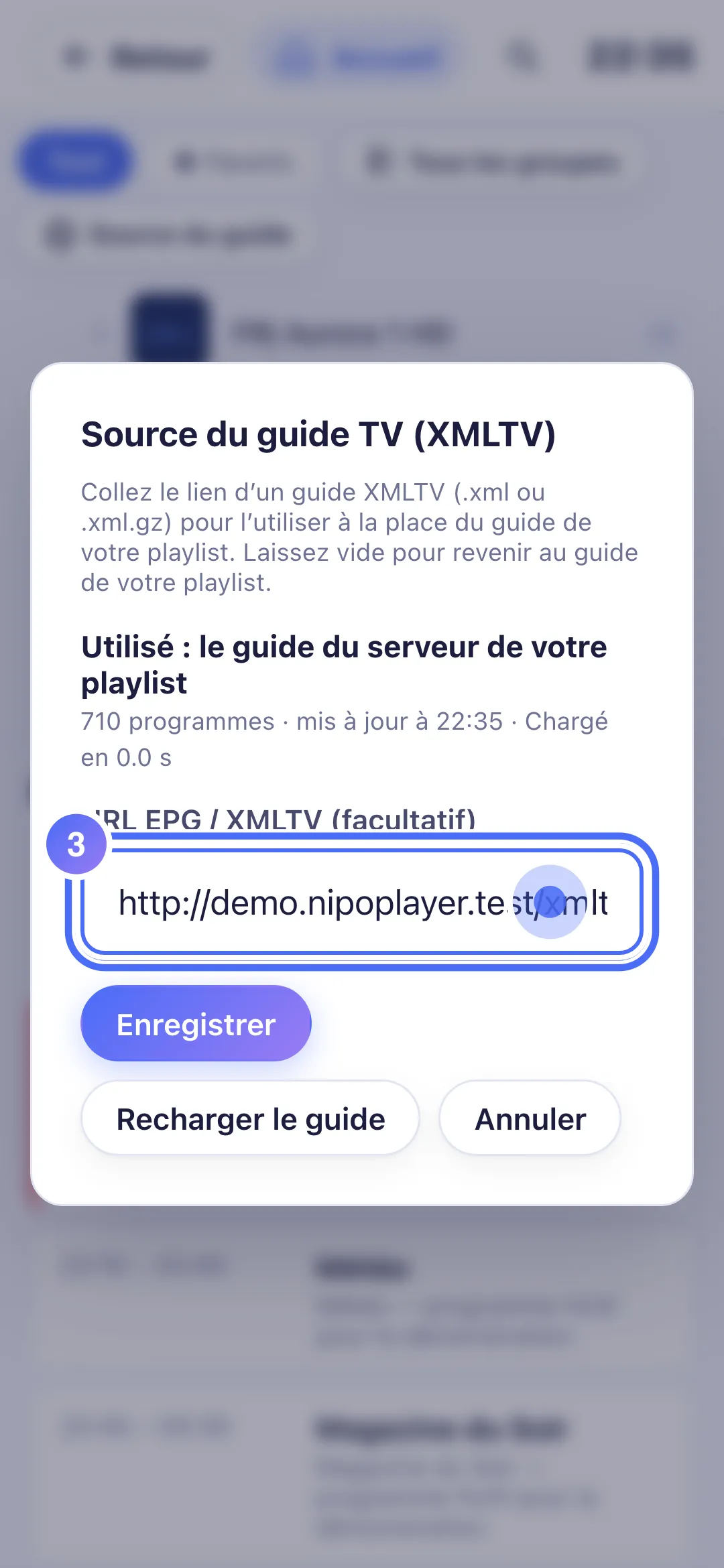 Fenêtre Source du guide TV avec un lien XMLTV saisi
