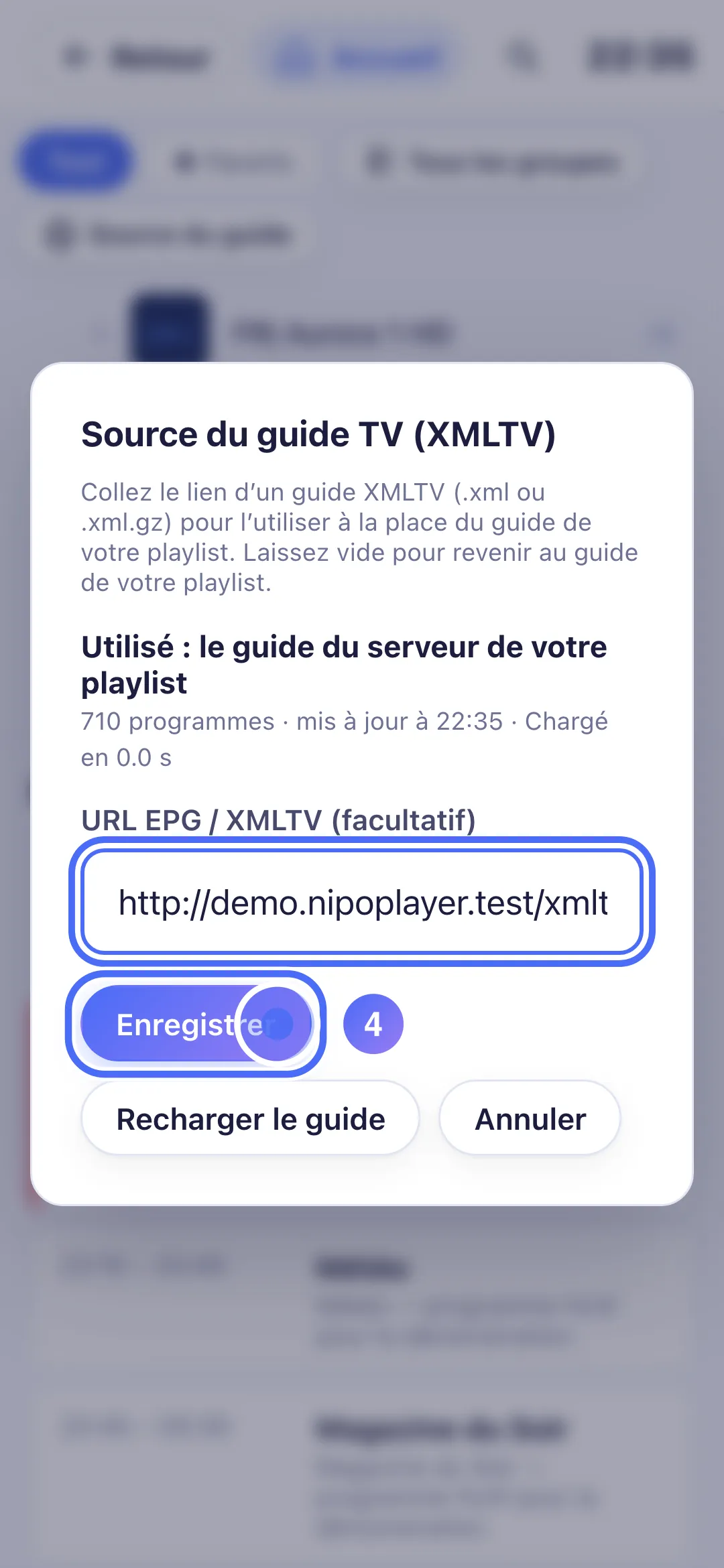 Bouton Enregistrer dans la fenêtre Source du guide TV