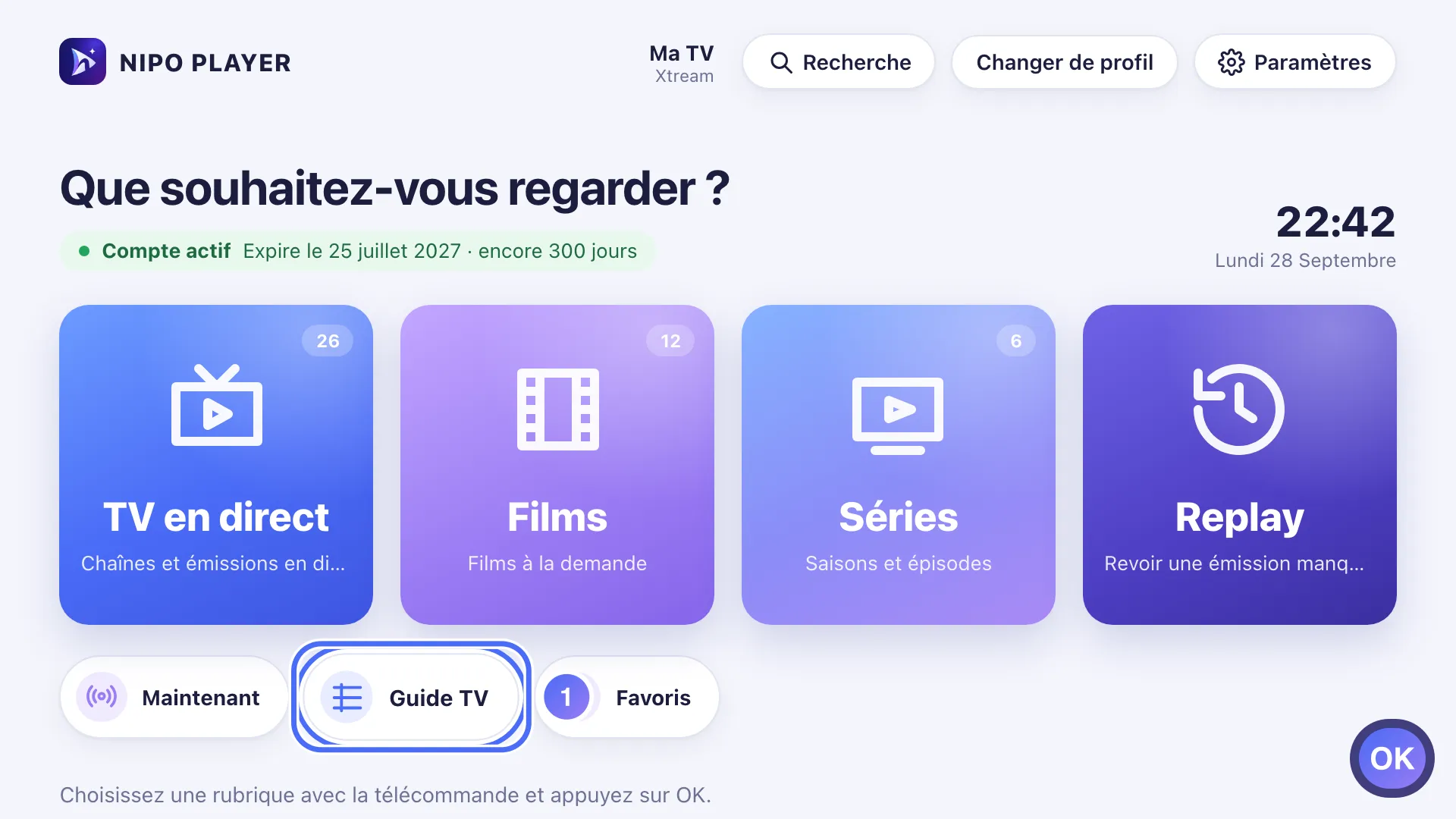 Accueil de Nipo Player, le raccourci Guide TV est sélectionné