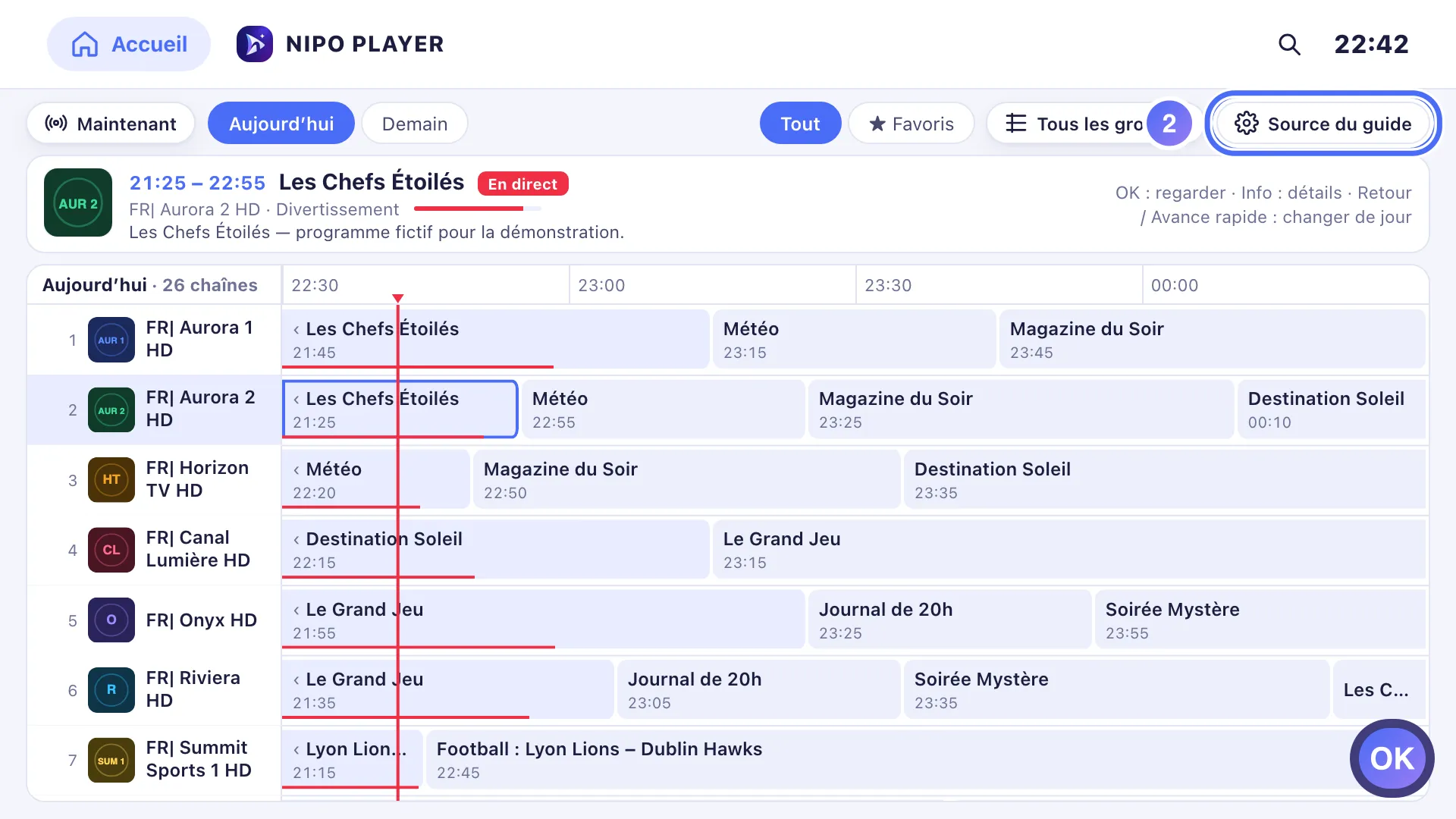 Guide TV, le bouton Source du guide est sélectionné