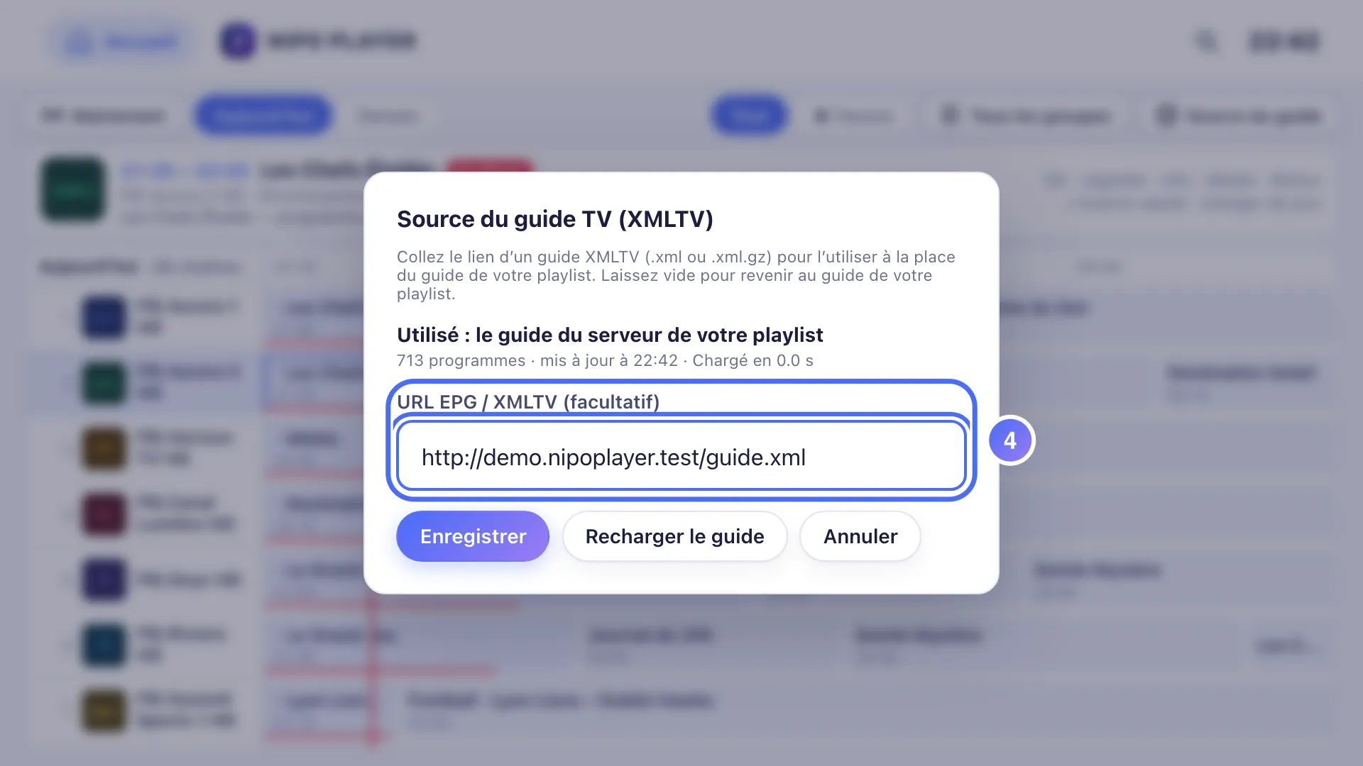 Champ URL EPG rempli avec un lien XMLTV