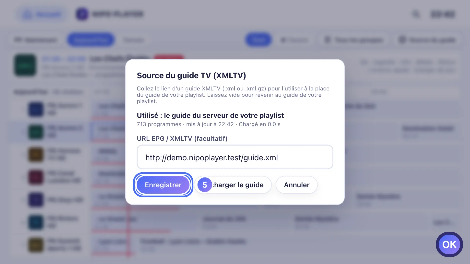 Fenêtre Source du guide TV, le bouton Enregistrer est sélectionné