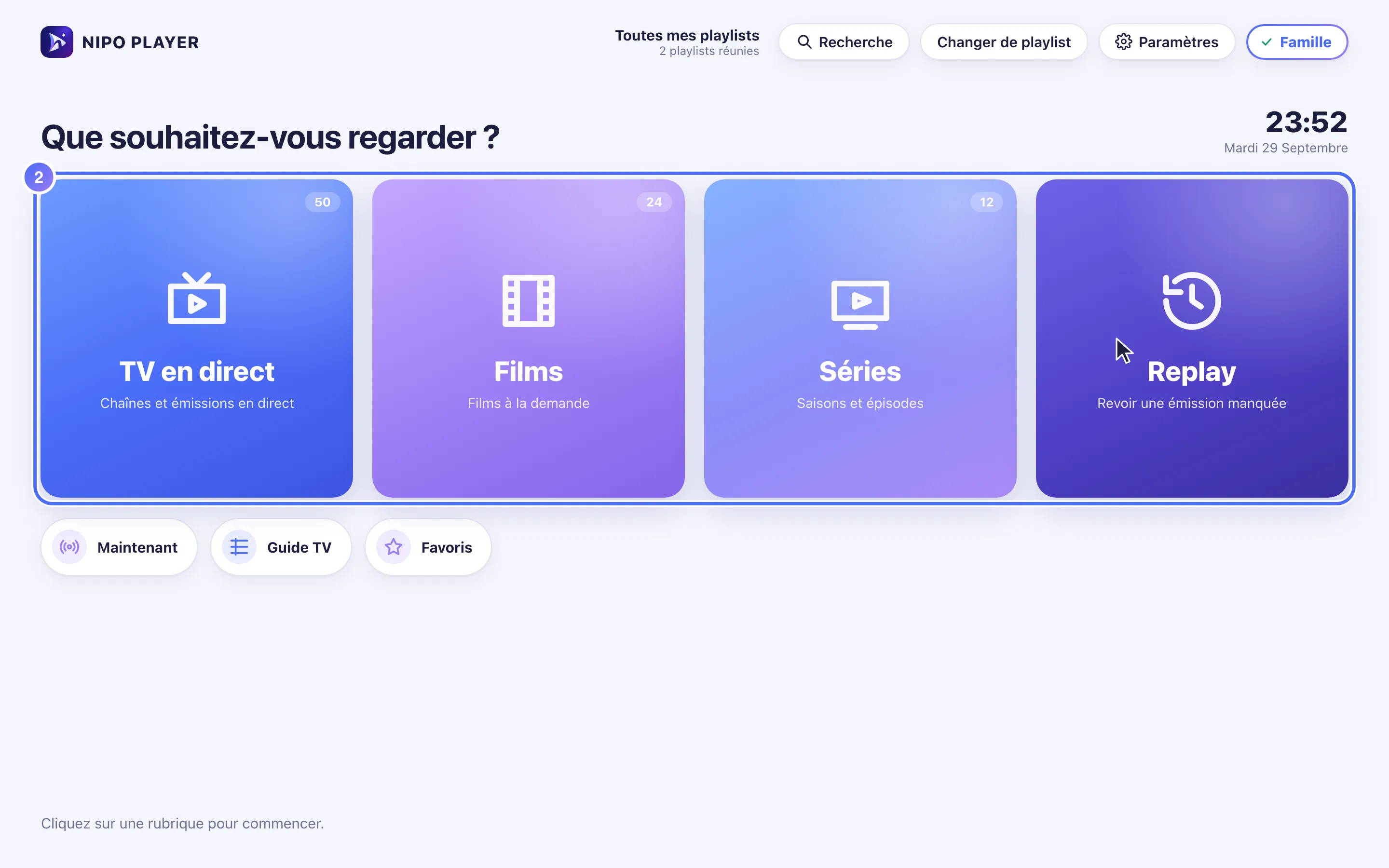 Accueil de Nipo Player avec Toutes mes playlists active