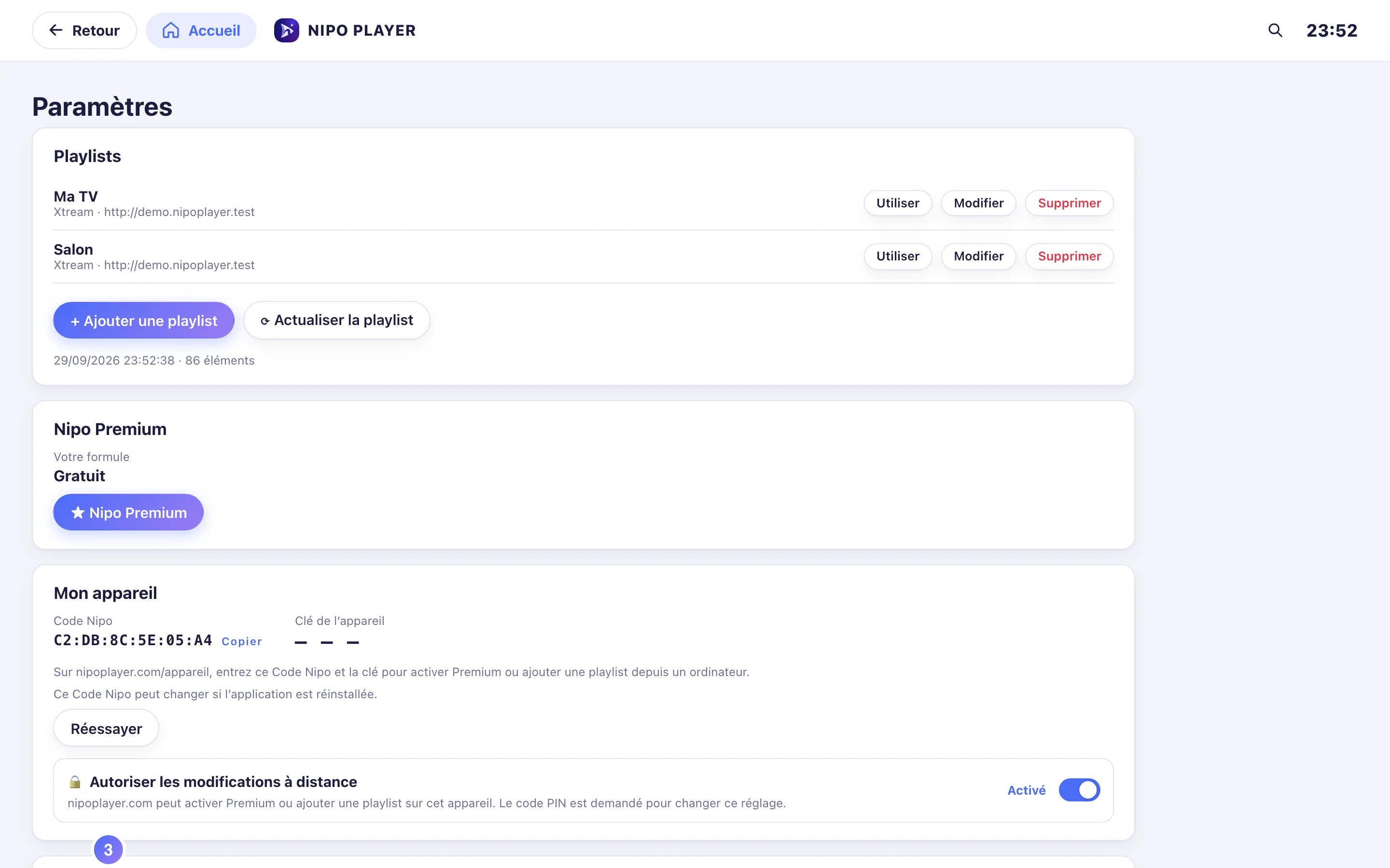 Réglages, la carte Toutes mes playlists avec le bouton Options