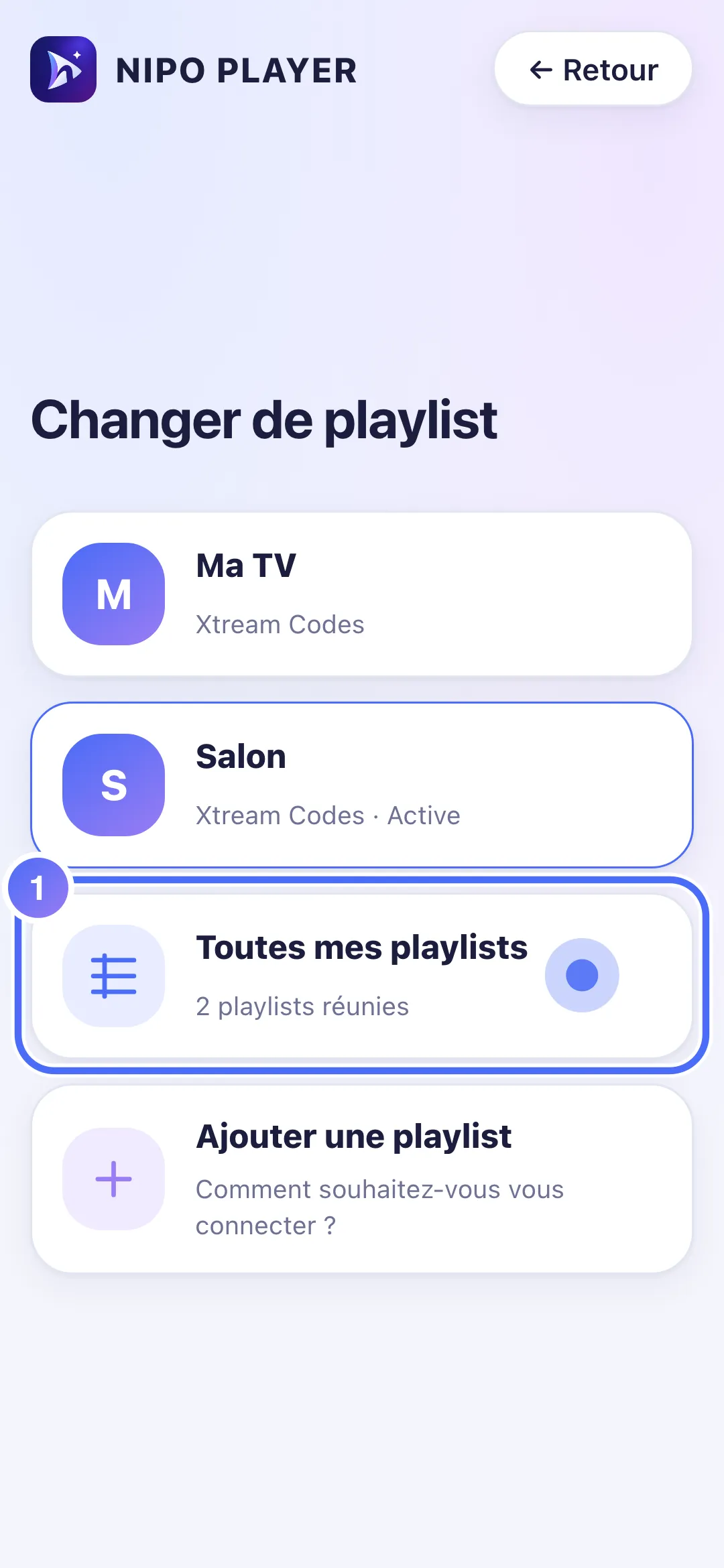 Changer de playlist, la tuile Toutes mes playlists