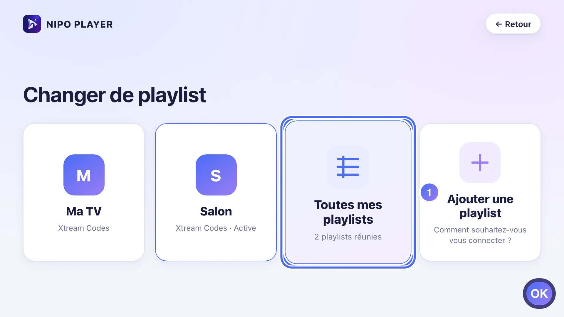 Changer de playlist, la tuile Toutes mes playlists est sélectionnée