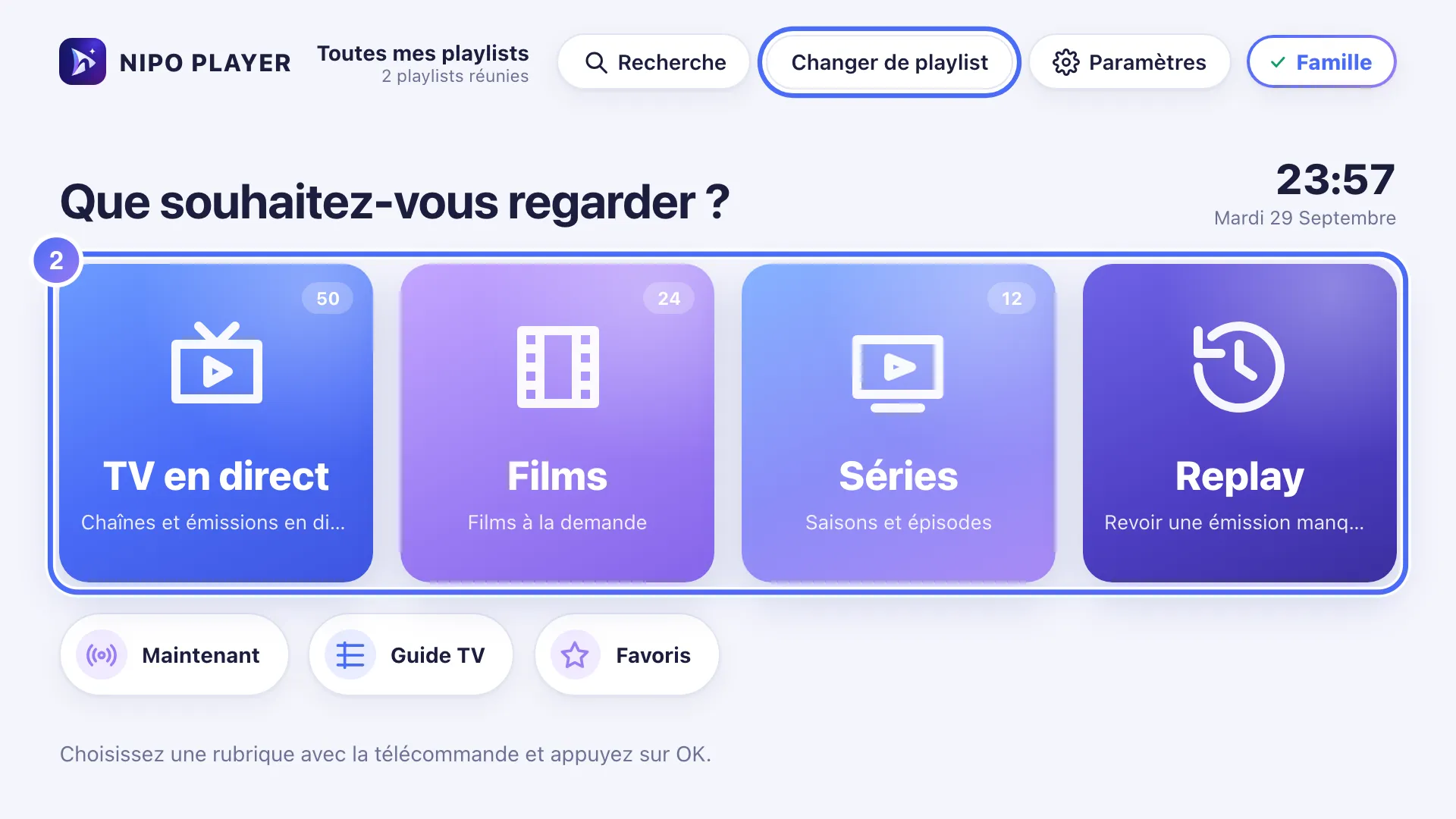 Accueil de Nipo Player avec Toutes mes playlists active