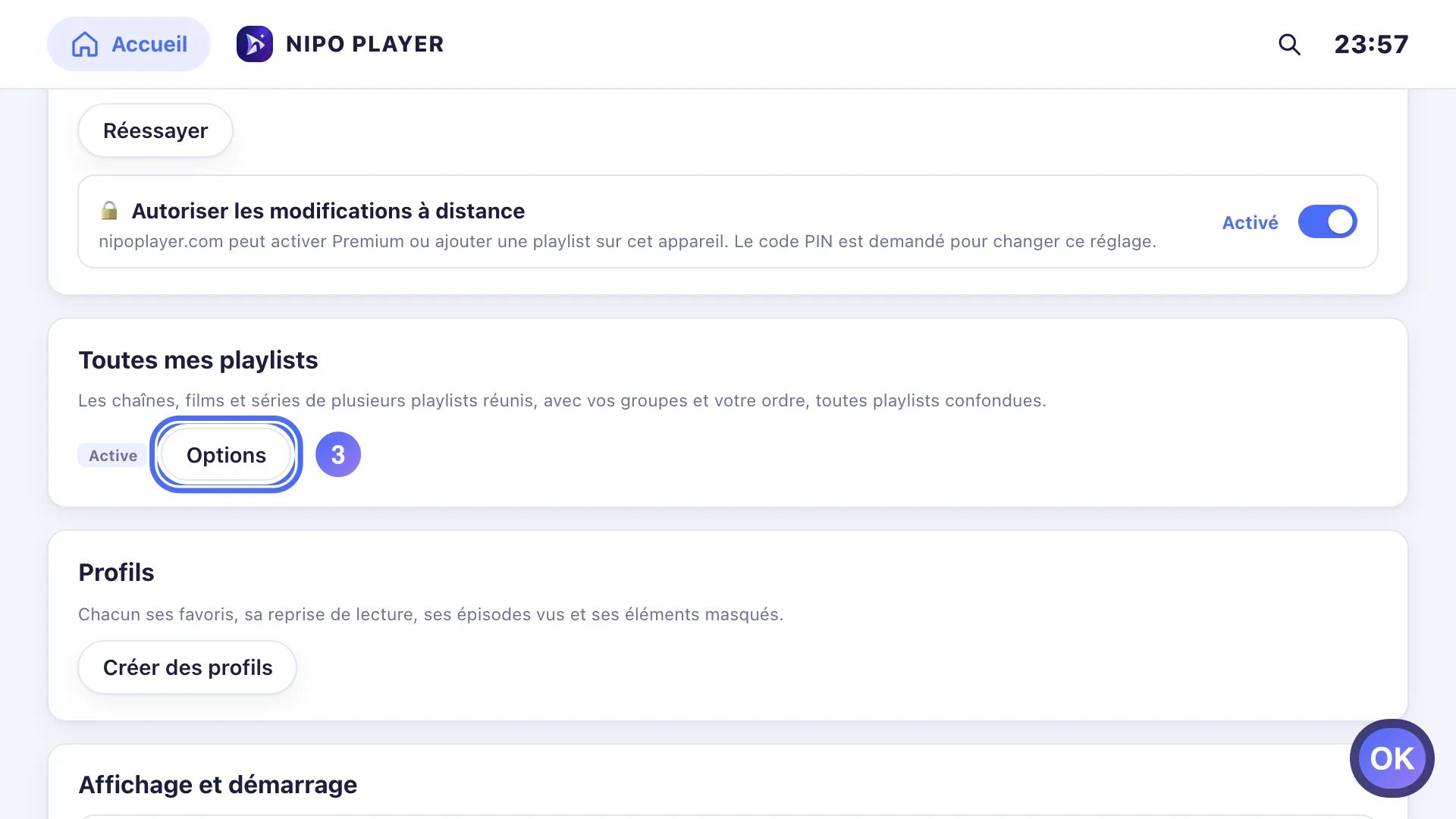 Réglages, la carte Toutes mes playlists avec le bouton Options sélectionné