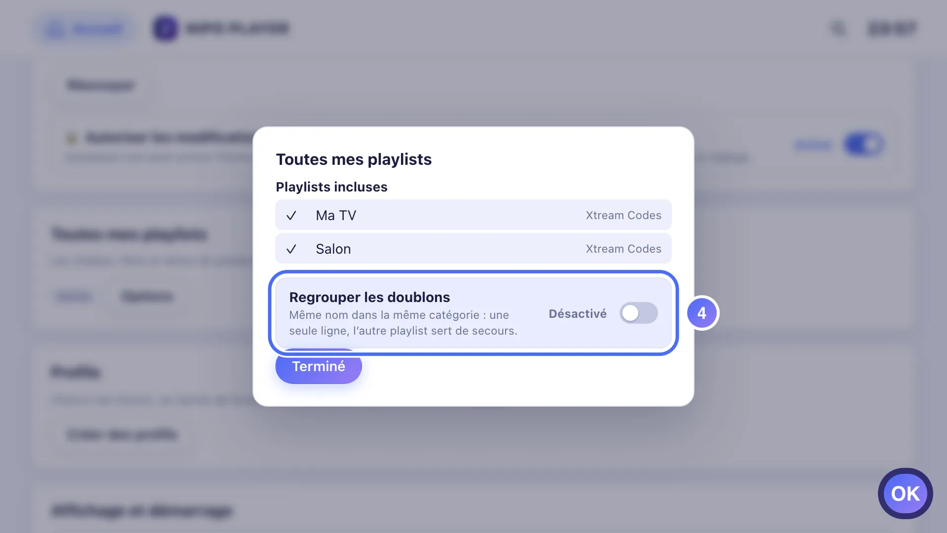 Options de Toutes mes playlists, le réglage Regrouper les doublons