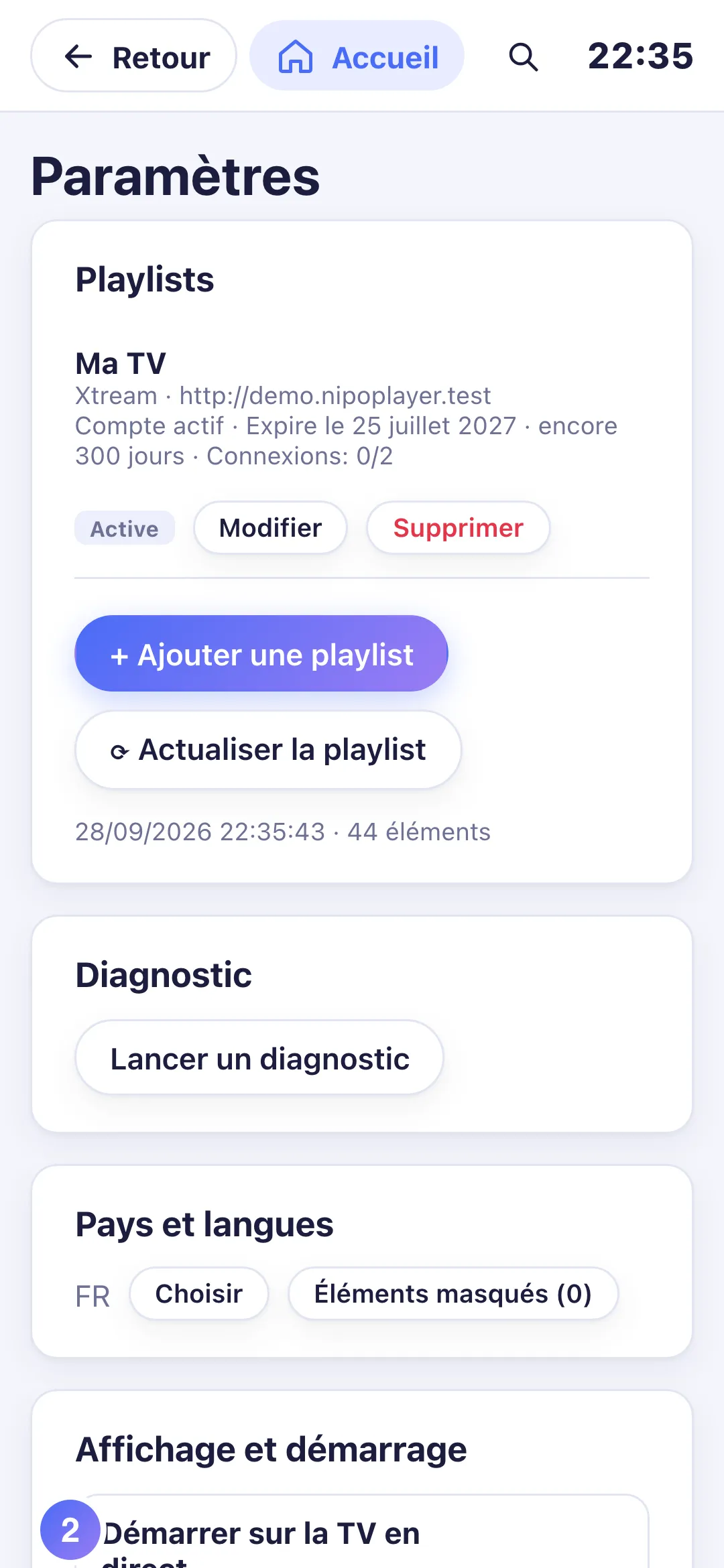 Réglages, groupe Langue avec les choix Français et English