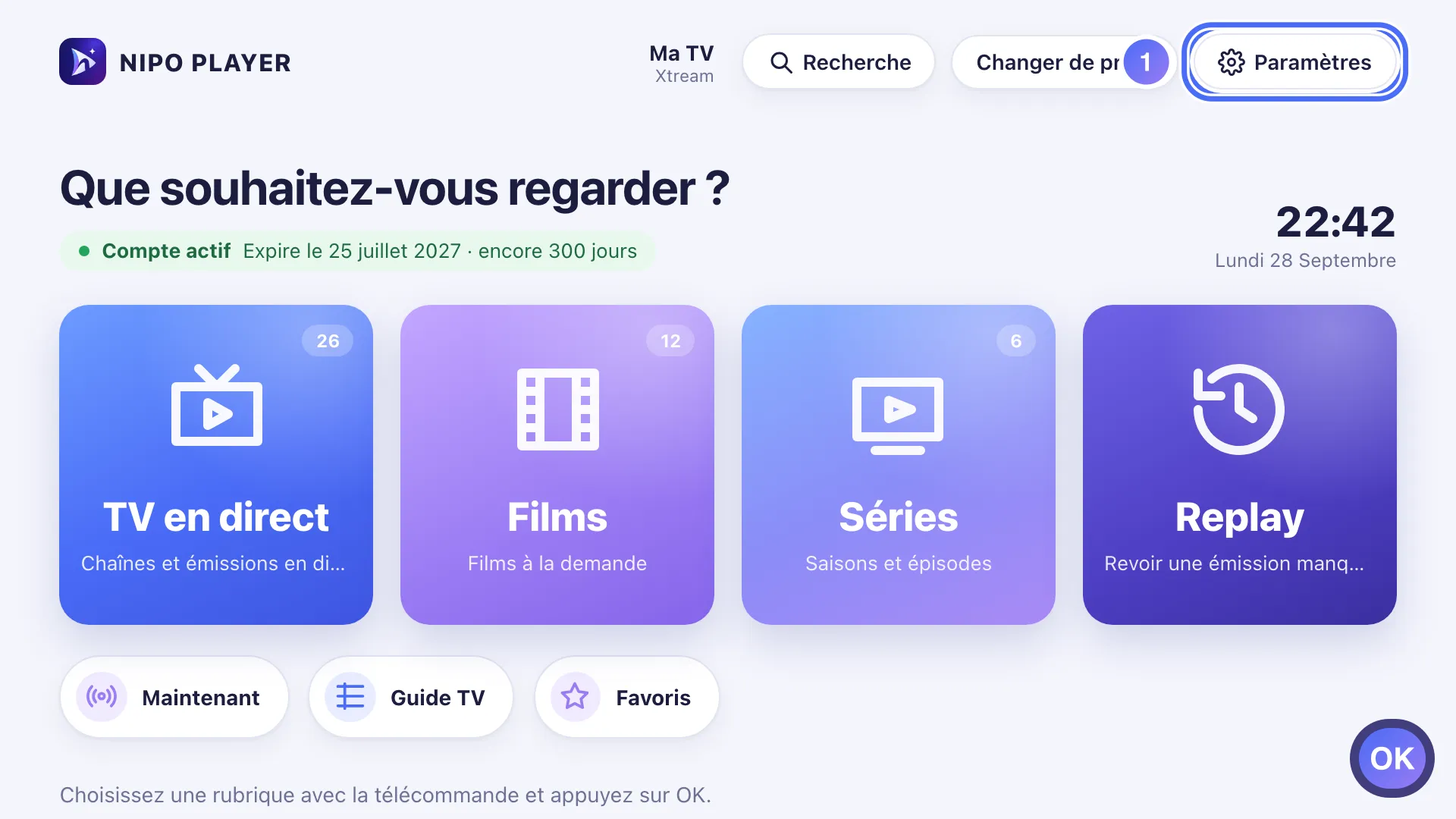 Accueil de Nipo Player, le bouton Paramètres est sélectionné