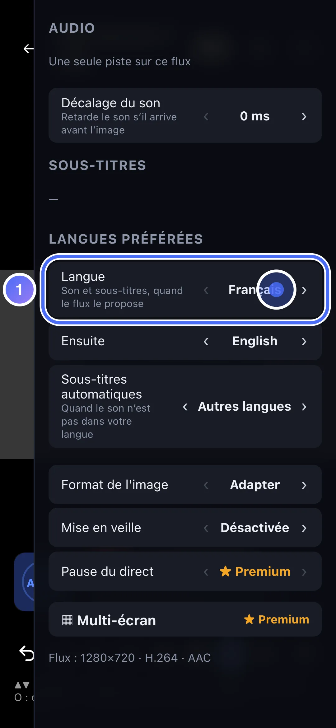 Réglages du lecteur, Langues préférées, la ligne Langue