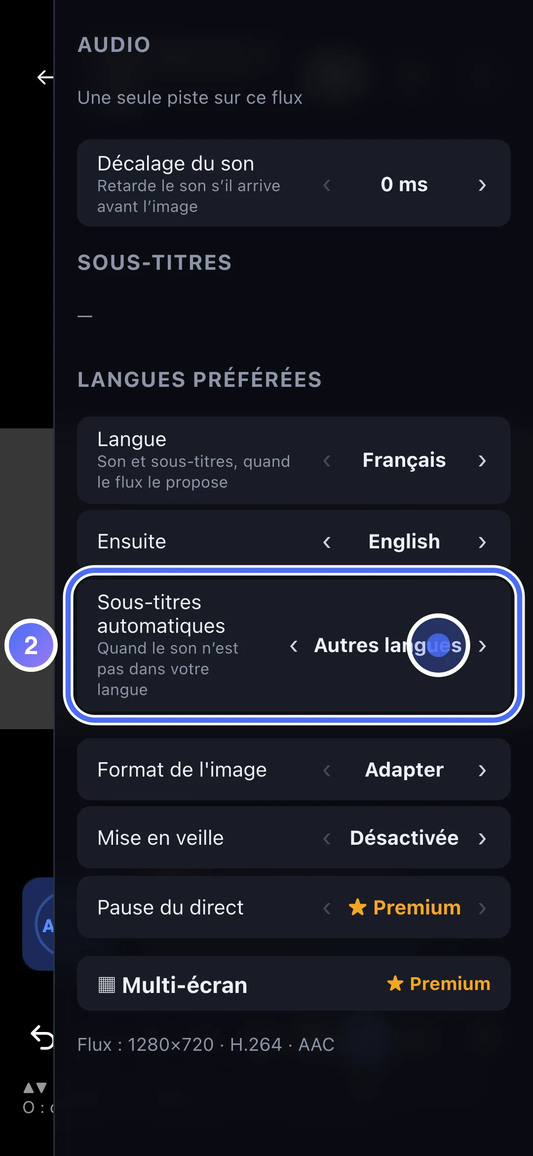Réglages du lecteur, le réglage Sous-titres automatiques